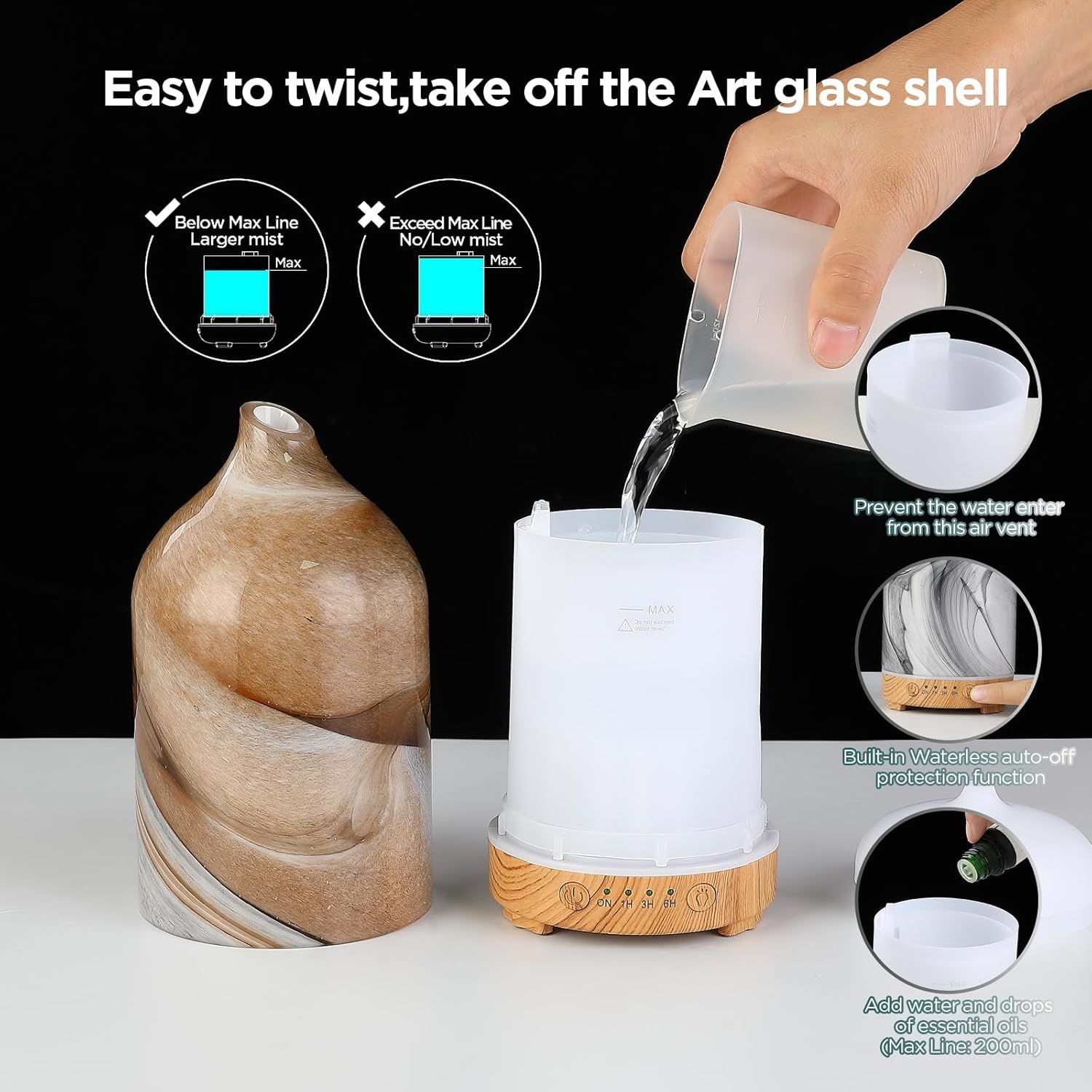 Demonstrates how to properly fill and use the diffuser by showing the twist-off mechanism, correct water levels, air vent protection, and waterless auto-off safety feature to help customers…