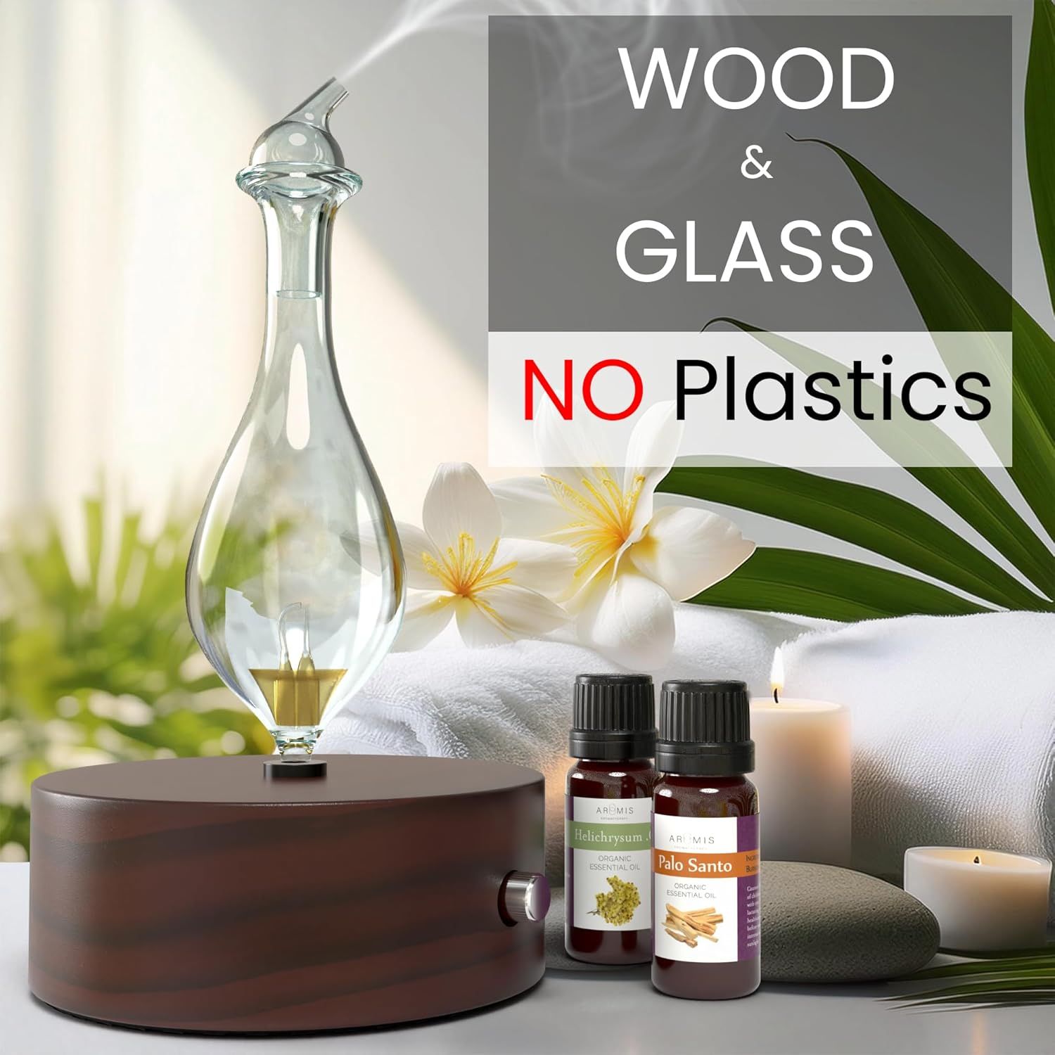 Communicates that the product is made from sustainable wood and glass materials without any plastic components, appealing to environmentally conscious shoppers.