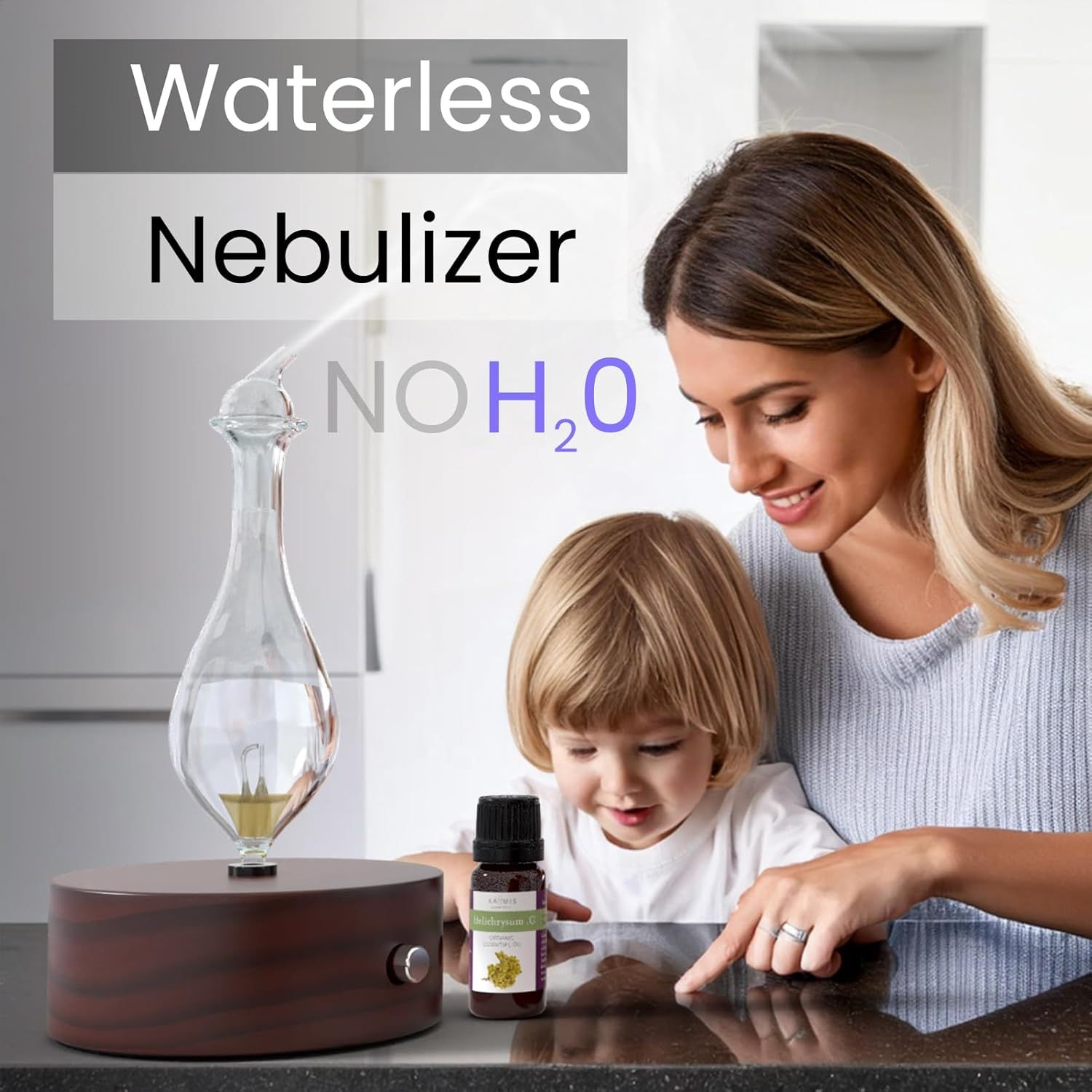 Communicates that this nebulizer operates without water, making it convenient and easy to use with essential oils.