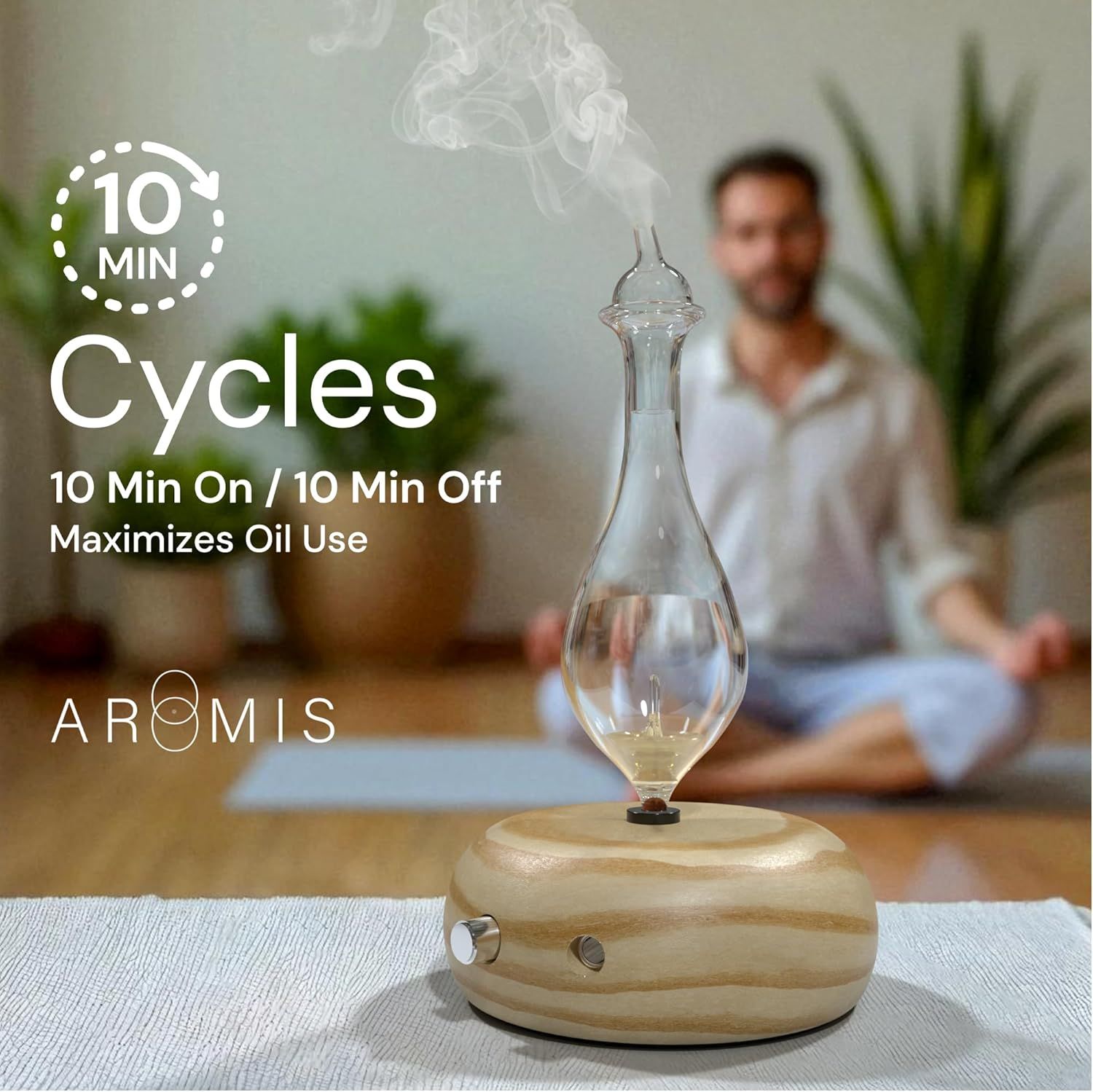 Communicates that the diffuser operates on a 10-minute on/off cycle to maximize oil efficiency and extend usage time.