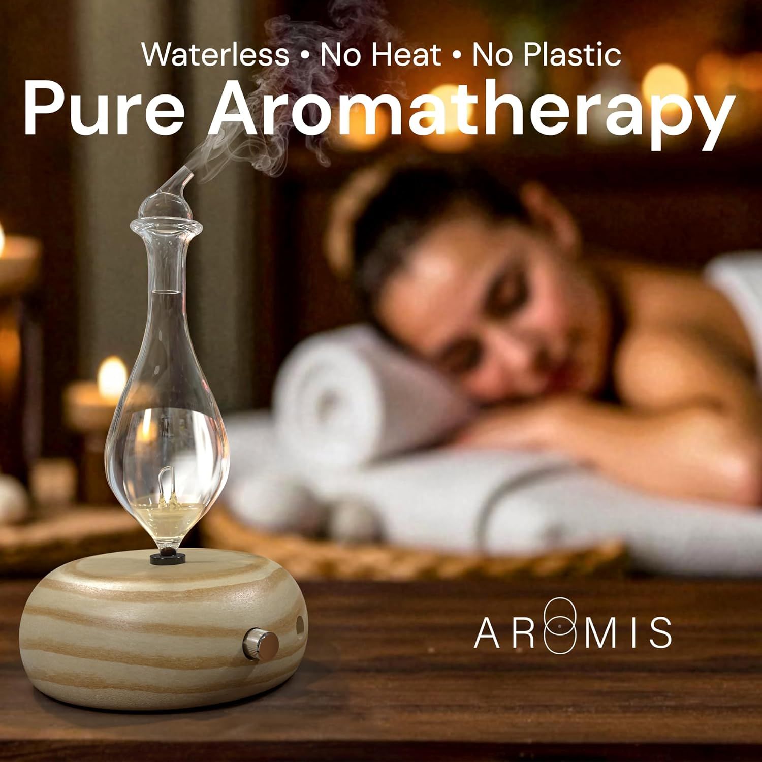 Communicates three key benefits of the aromatherapy diffuser to reassure shoppers that it is safe, eco-friendly, and convenient to use without water, heat, or plastic components.