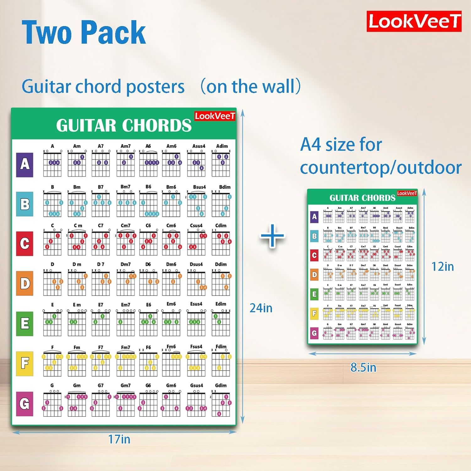 Shows the customer they will receive two guitar chord posters in different sizes (A4 and larger wall poster) when purchasing this product. Communicates the exact dimensions of both posters (17in x…