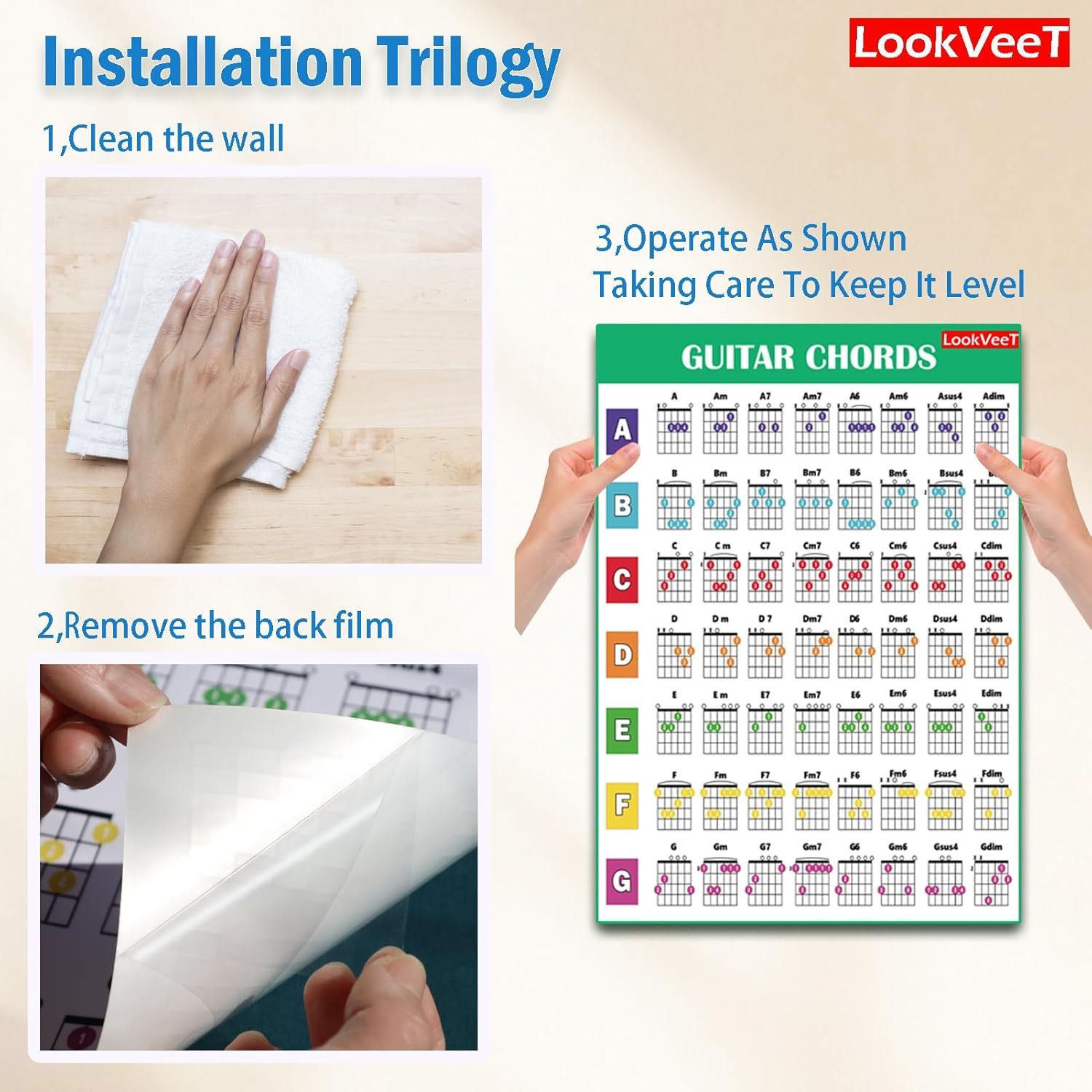 Provides clear step-by-step instructions on how to install the guitar chords poster, reducing friction during setup and ensuring proper application.