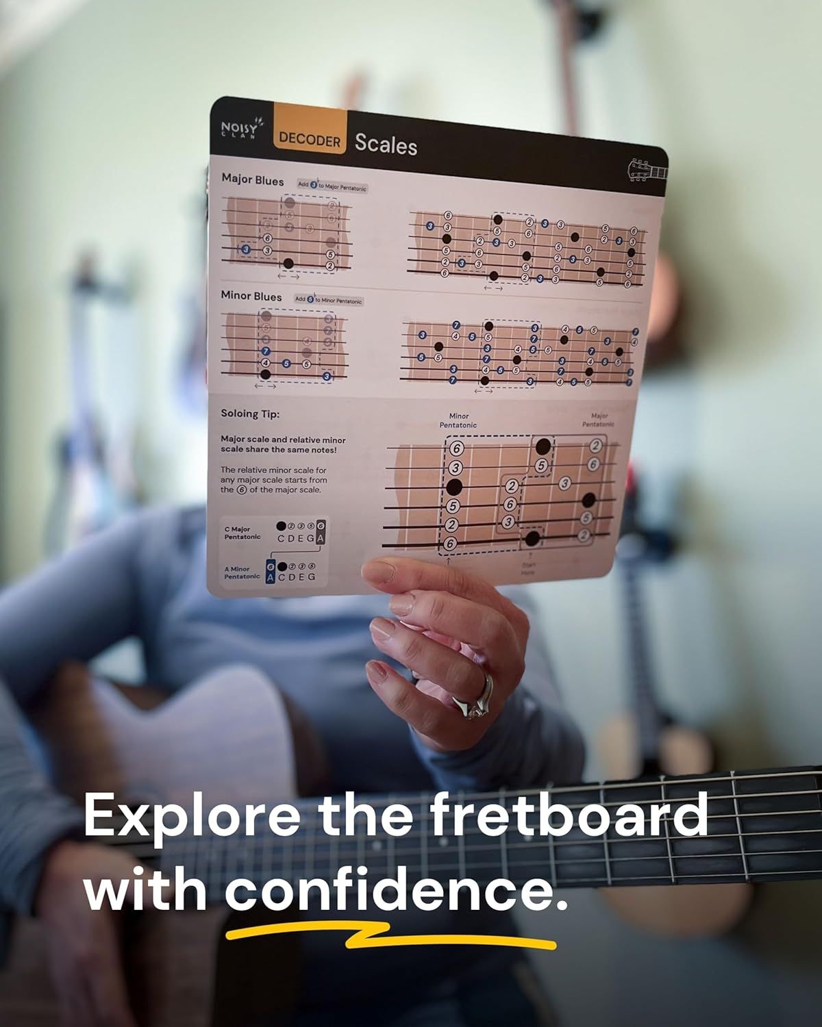 Demonstrates how to use the decoder card to learn and navigate guitar scales on the fretboard, helping users build confidence in playing.