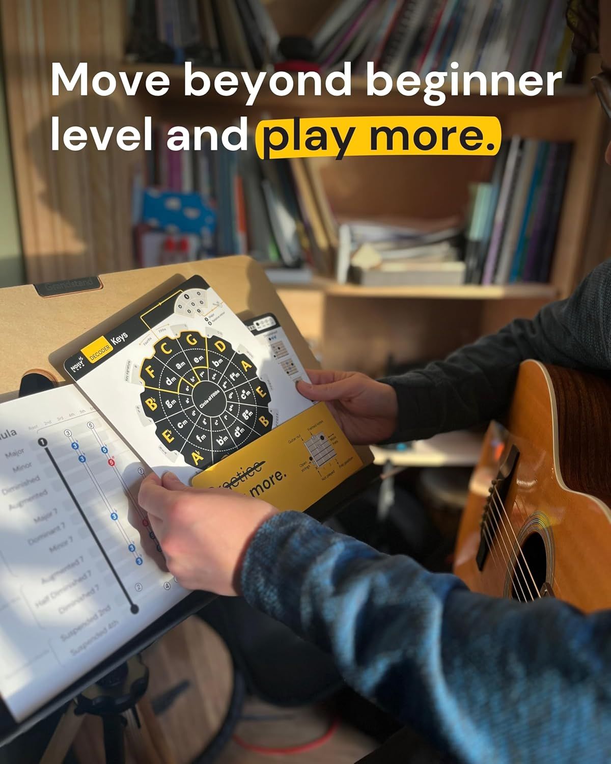 Communicates that the product helps users progress beyond beginner level and expand their playing ability, appealing to intermediate learners seeking skill advancement.