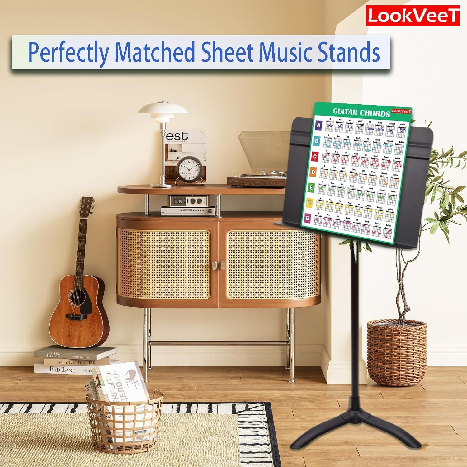Demonstrates the product in a real-world music environment to show how the sheet music stand fits naturally into a musician's lifestyle and practice space.
