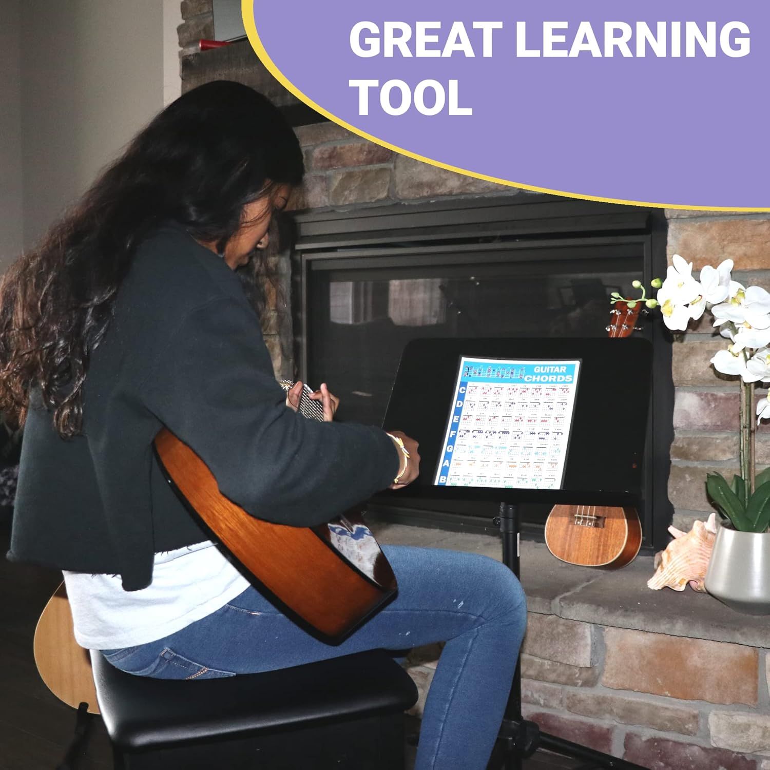 Demonstrates the product as a learning tool for guitar practice, showing it in a real-world home setting to communicate its practical application for music education.