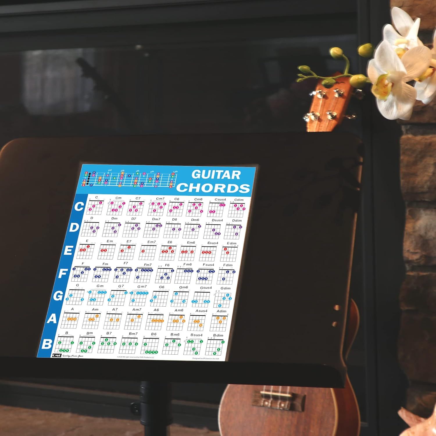 Shows that the product includes a comprehensive guitar chords chart as part of the package, helping customers understand what they receive with their purchase.