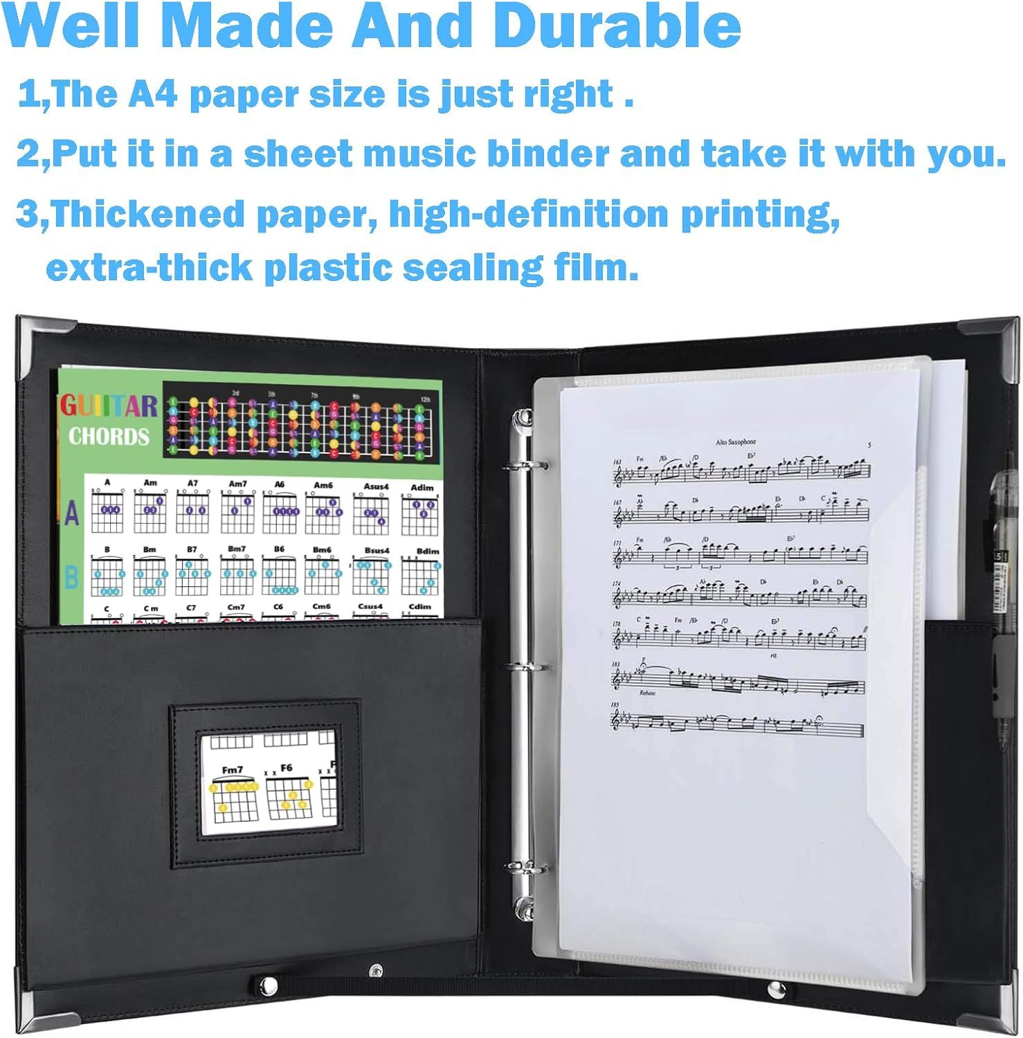 Communicates multiple quality and convenience features of the music binder to reassure shoppers about durability, portability, and print quality.
