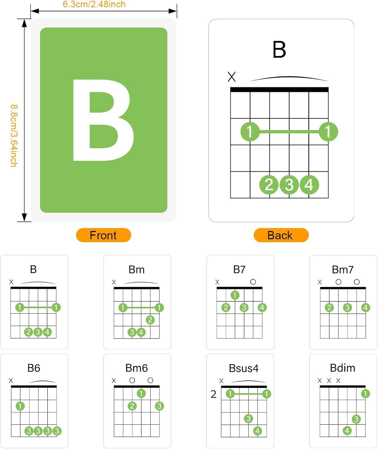 Teaches shoppers how to play various guitar chords by showing finger placement diagrams for multiple chord variations including B, Bm, B7, Bm7, B6, Bm6, Bsus4, and Bdim. Shows the exact size of the…