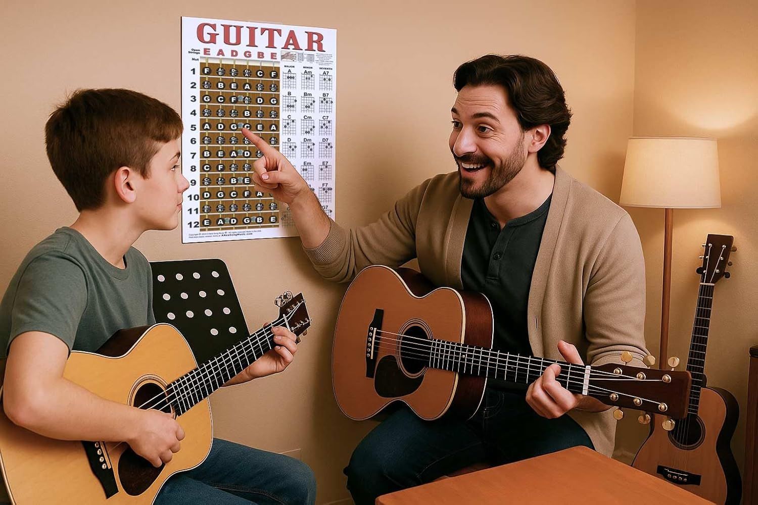 Shows the product being used in a real-world teaching scenario to demonstrate its practical application for guitar learning and instruction.