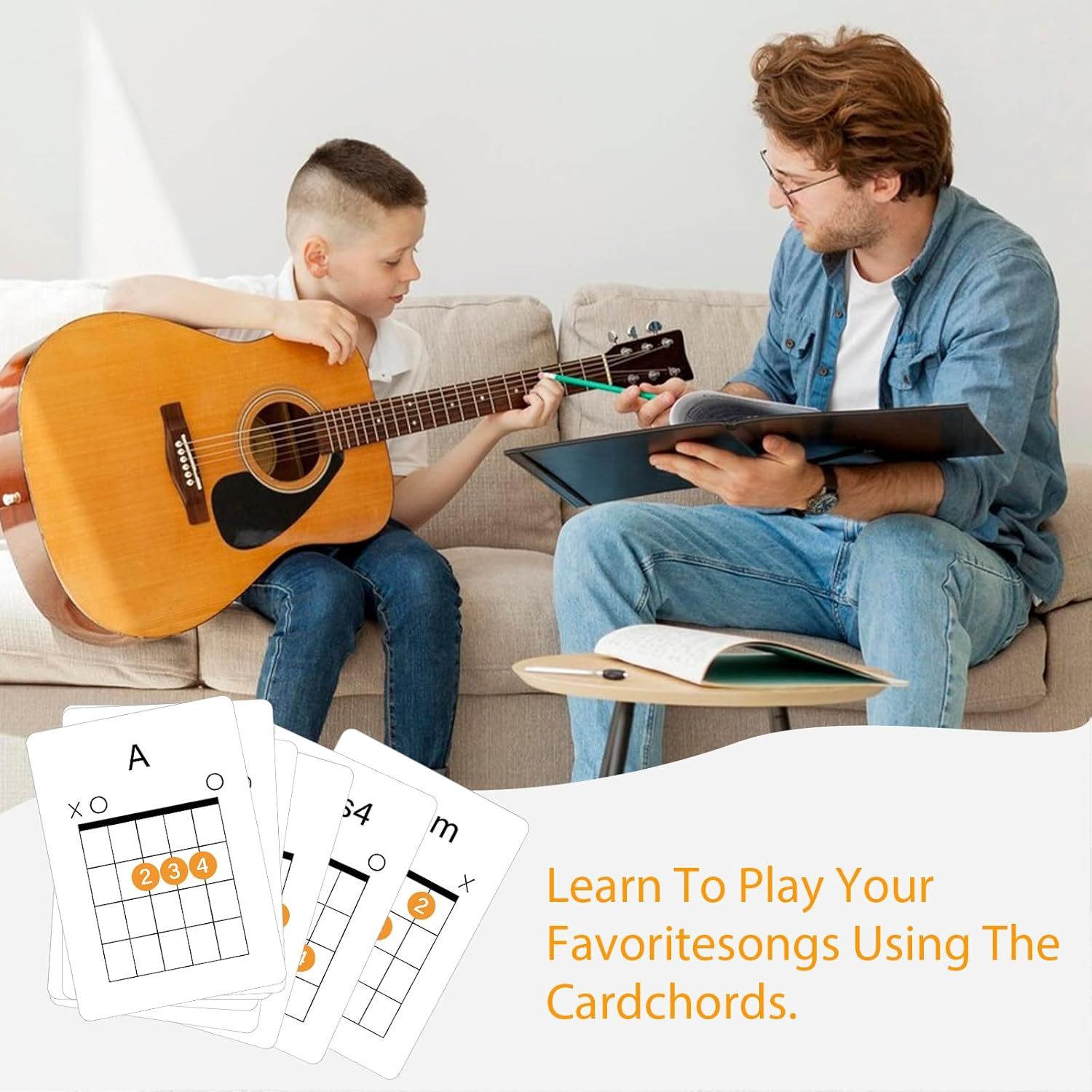 Demonstrates a key use case for the product by showing how the chord cards can be used to teach and learn guitar playing in a real-world setting.