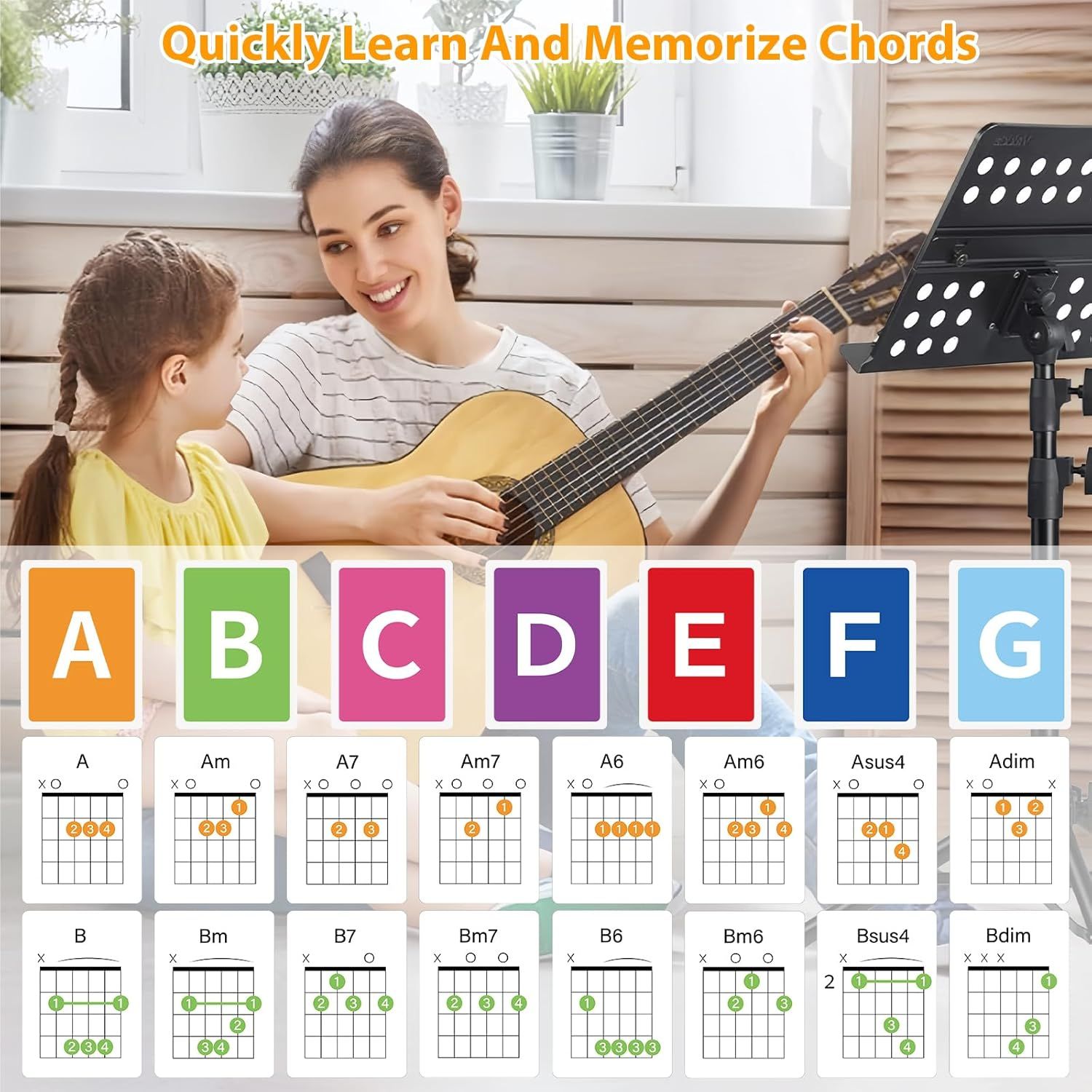Communicates that the product helps users quickly learn and memorize guitar chords through a visual reference guide, making it easier for beginners to start playing.