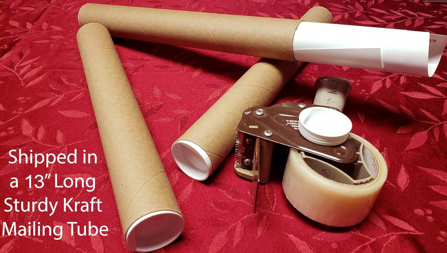 Shows the customer that the product is shipped in a protective 13-inch long kraft mailing tube, reassuring them about safe delivery and packaging quality.