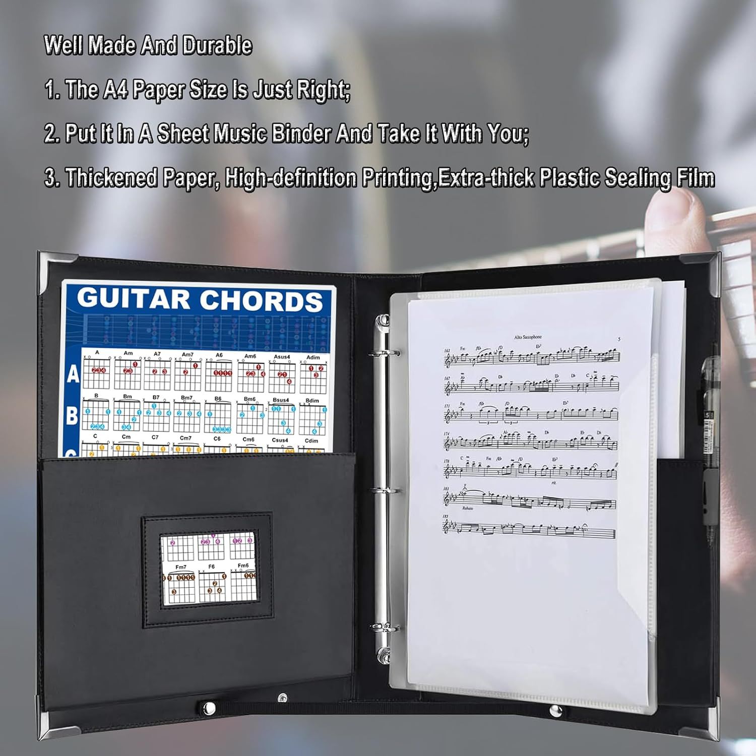 Communicates multiple product benefits including the right size for music binders, portability, and durable construction with quality materials to reassure musicians this is a well-made and…