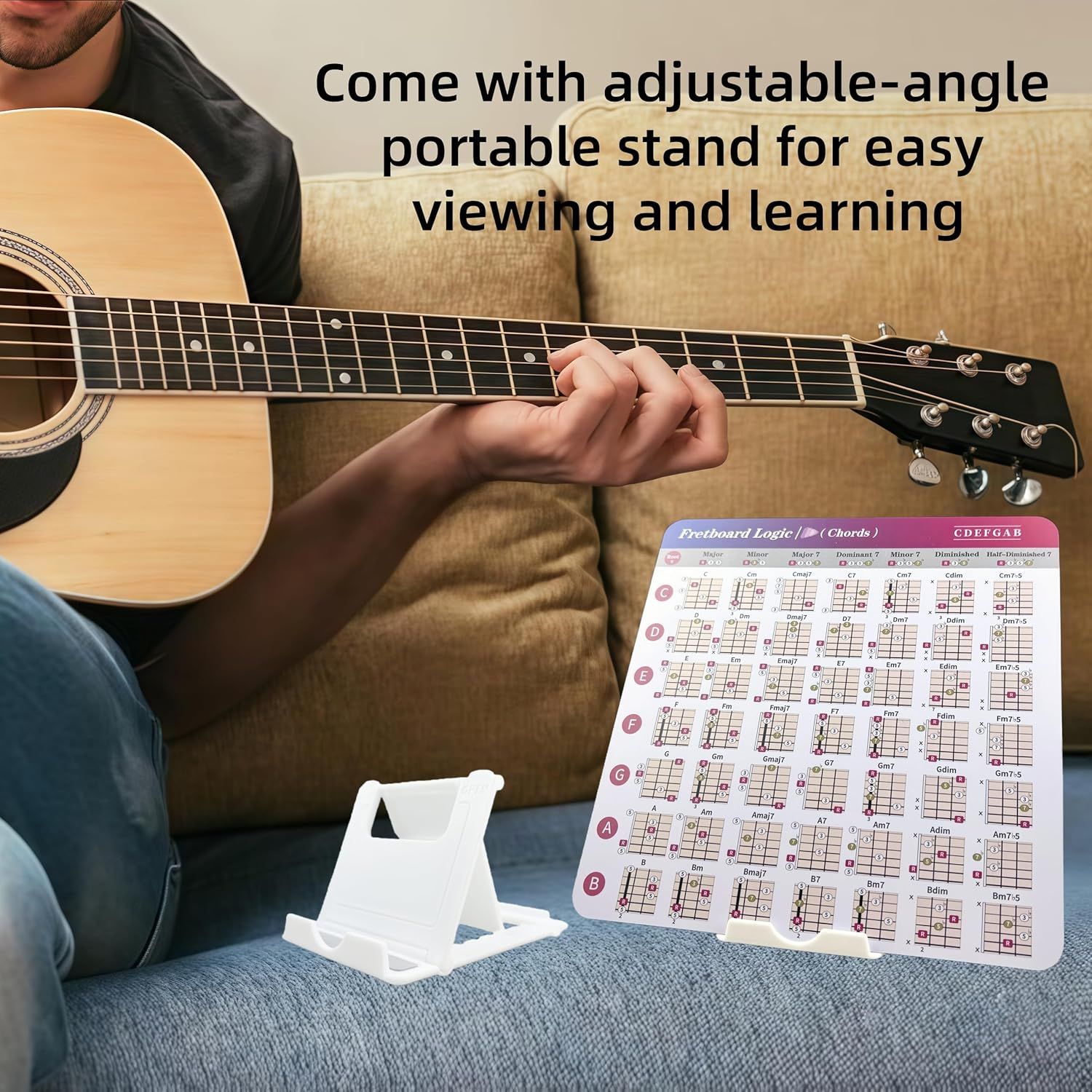 Shows the customer what accessories are included with the product, specifically an adjustable stand for easy viewing and a guitar chord reference chart for learning.