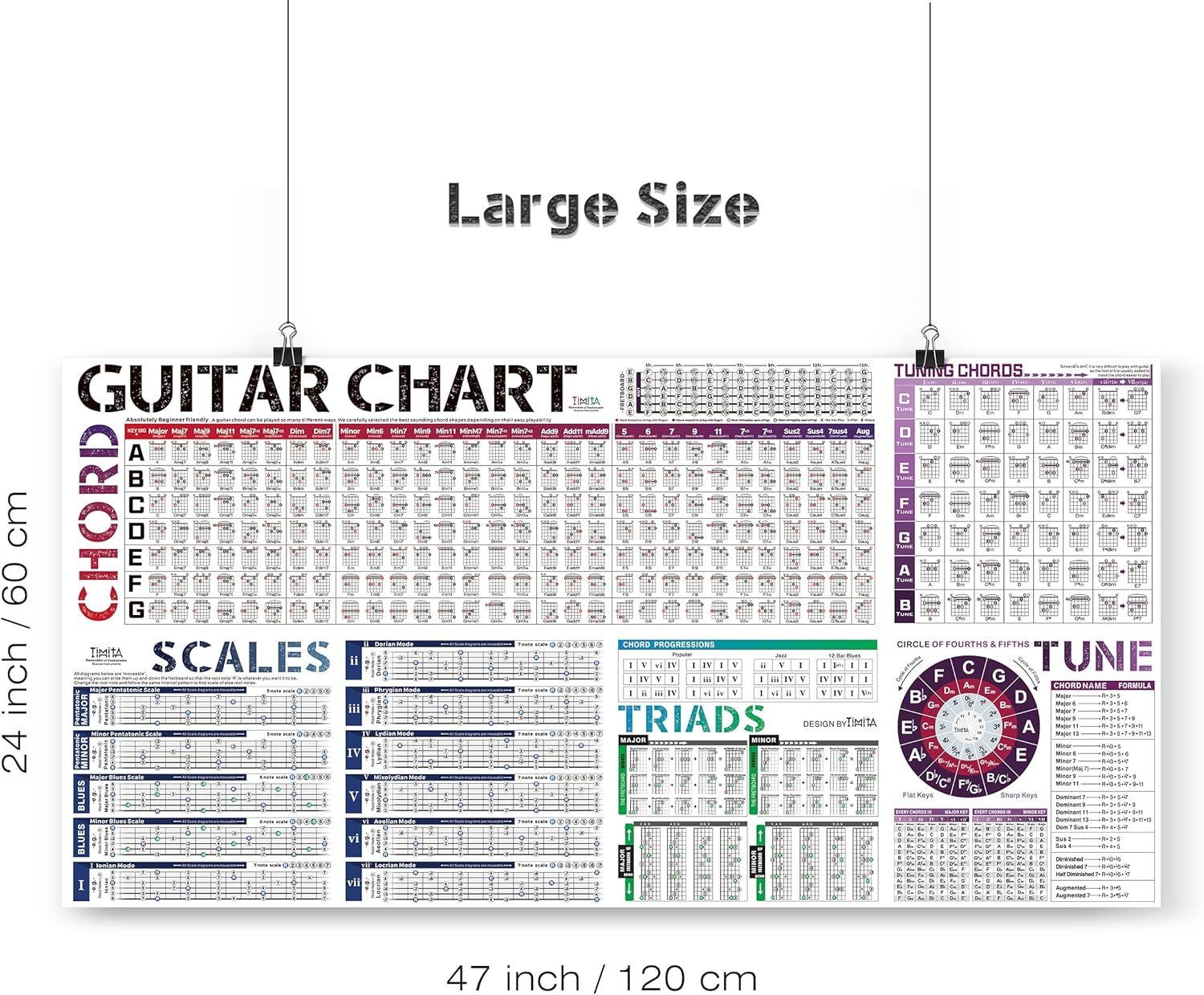 Communicates the physical size of the guitar chart poster to help shoppers understand how large it will be when displayed.
