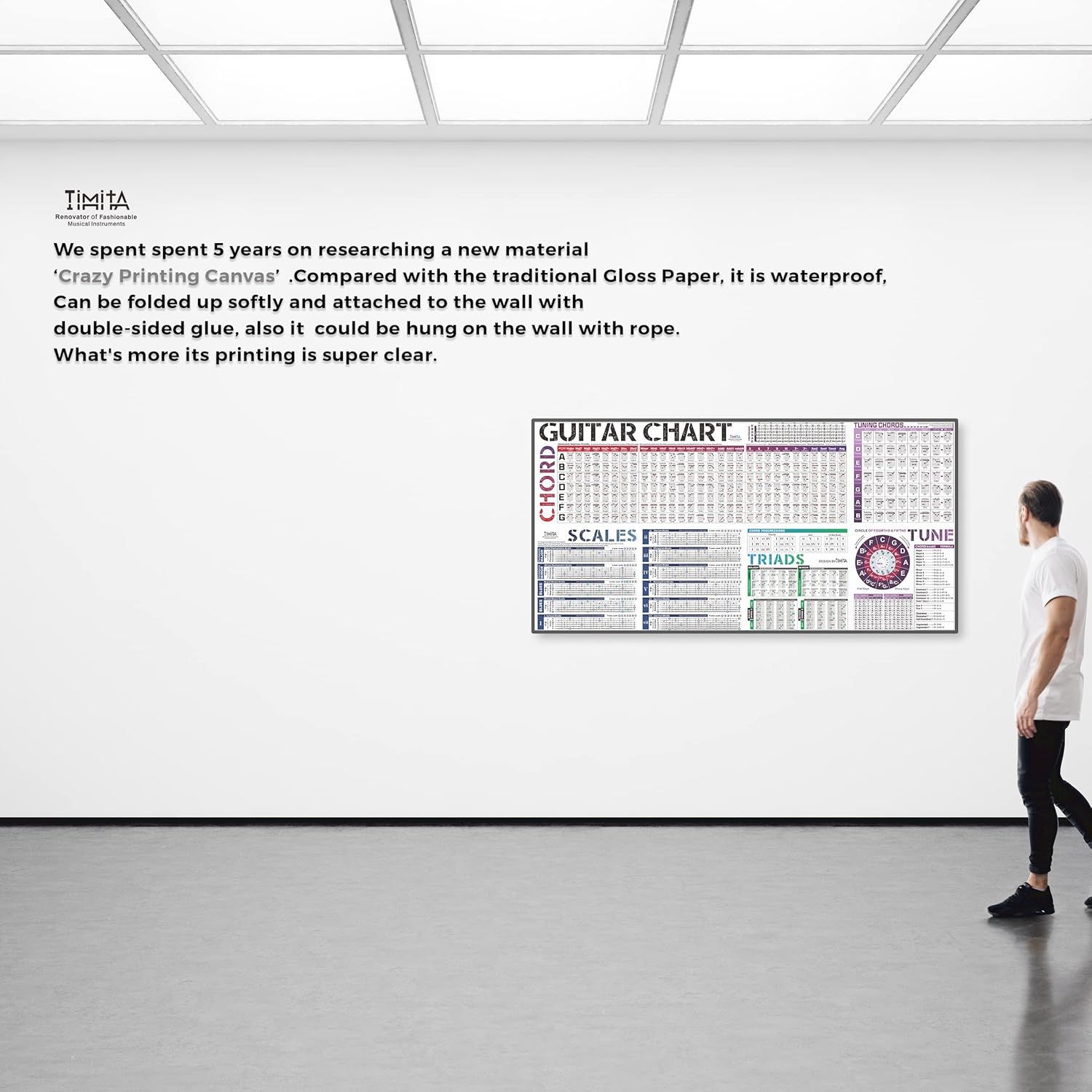 Communicates multiple benefits of the Crazy Printing Canvas material including waterproof properties, flexibility in mounting options, and superior print clarity to reassure buyers of the products…