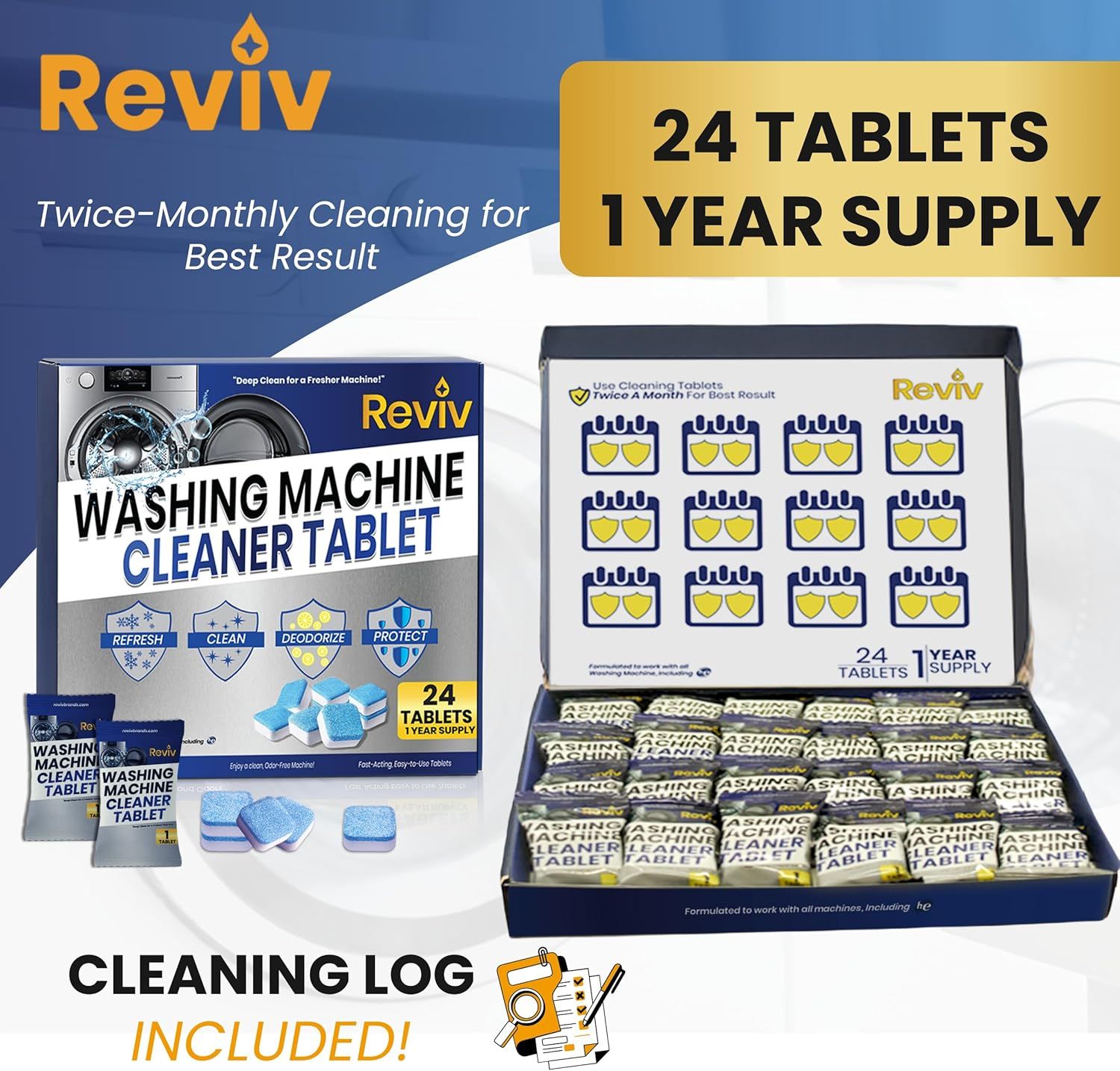 Shows everything the customer receives with their purchase including the product box, 24 individually wrapped tablets for a full year supply, and a bonus cleaning log to track usage.