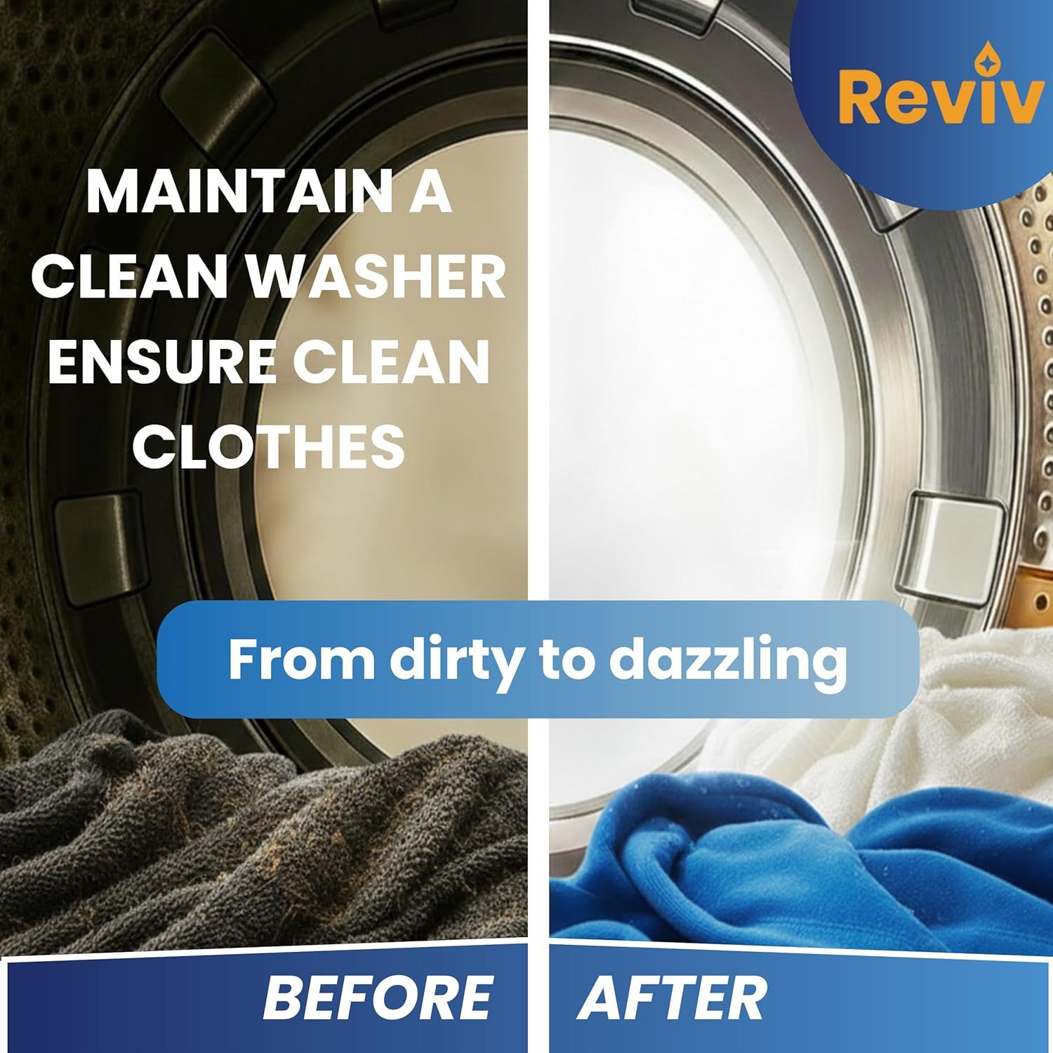 Demonstrates the transformation from dirty to clean washing machine and clothes, showing the effectiveness of the product in maintaining washer cleanliness for better laundry results.