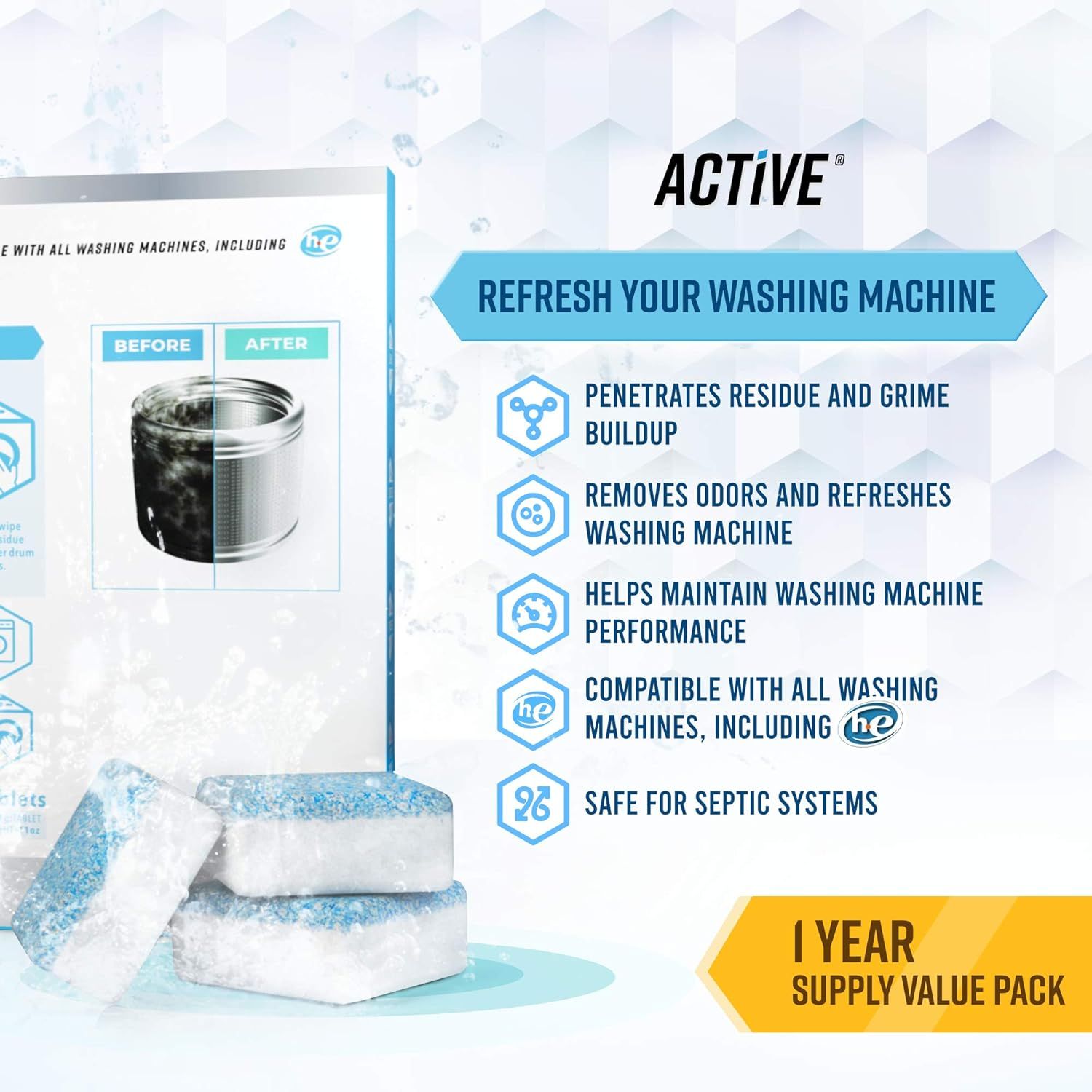 Showcases multiple benefits of the washing machine cleaner product to demonstrate its comprehensive cleaning capabilities and versatility across different washing machine types and systems. Visually…
