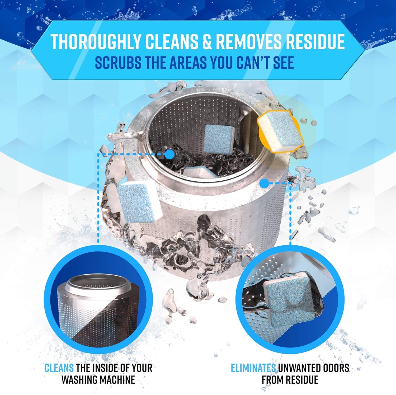 Communicates that the product thoroughly cleans washing machine drums, scrubs hidden areas, and eliminates odors from residue buildup.