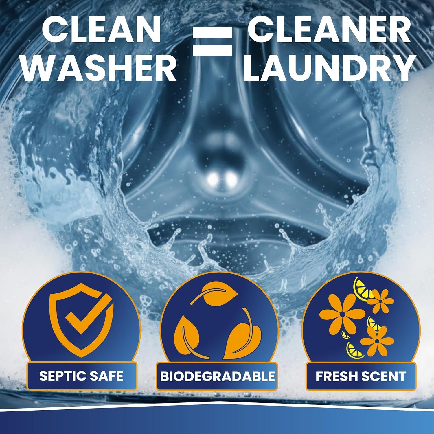 Communicates three key product benefits to reassure shoppers that the product is safe for septic systems, environmentally friendly, and leaves laundry smelling fresh.
