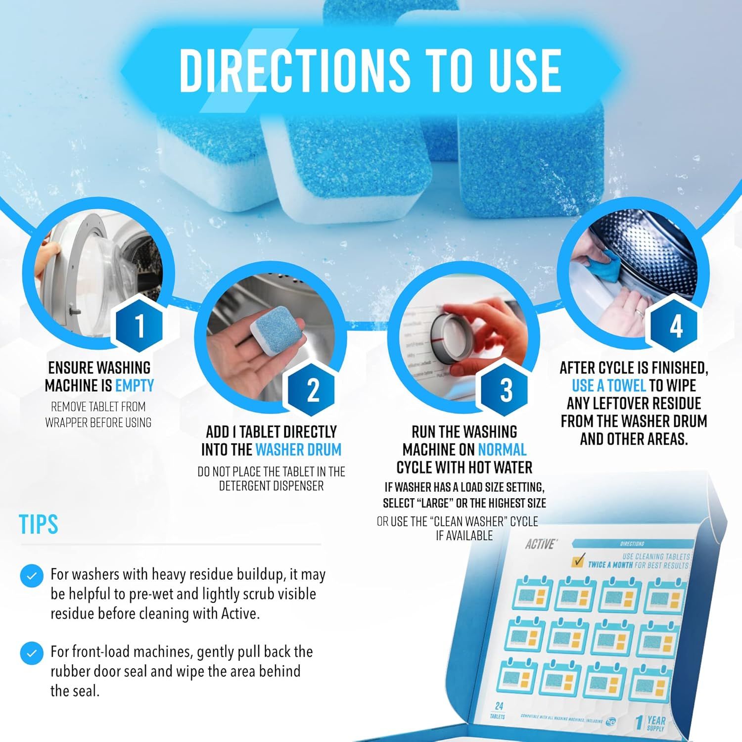 Provides step-by-step instructions on how to use the washing machine cleaning tablets to help customers understand the proper application process and achieve best results.