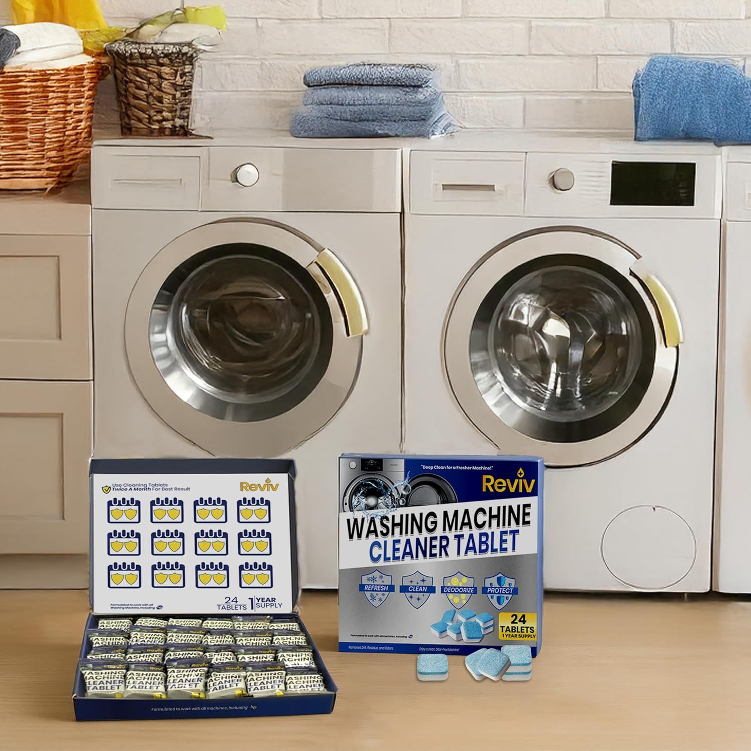 Shows the customer exactly what they receive in the package: a box of 24 cleaning tablets with a 1-year supply, demonstrating the quantity and value of the purchase.