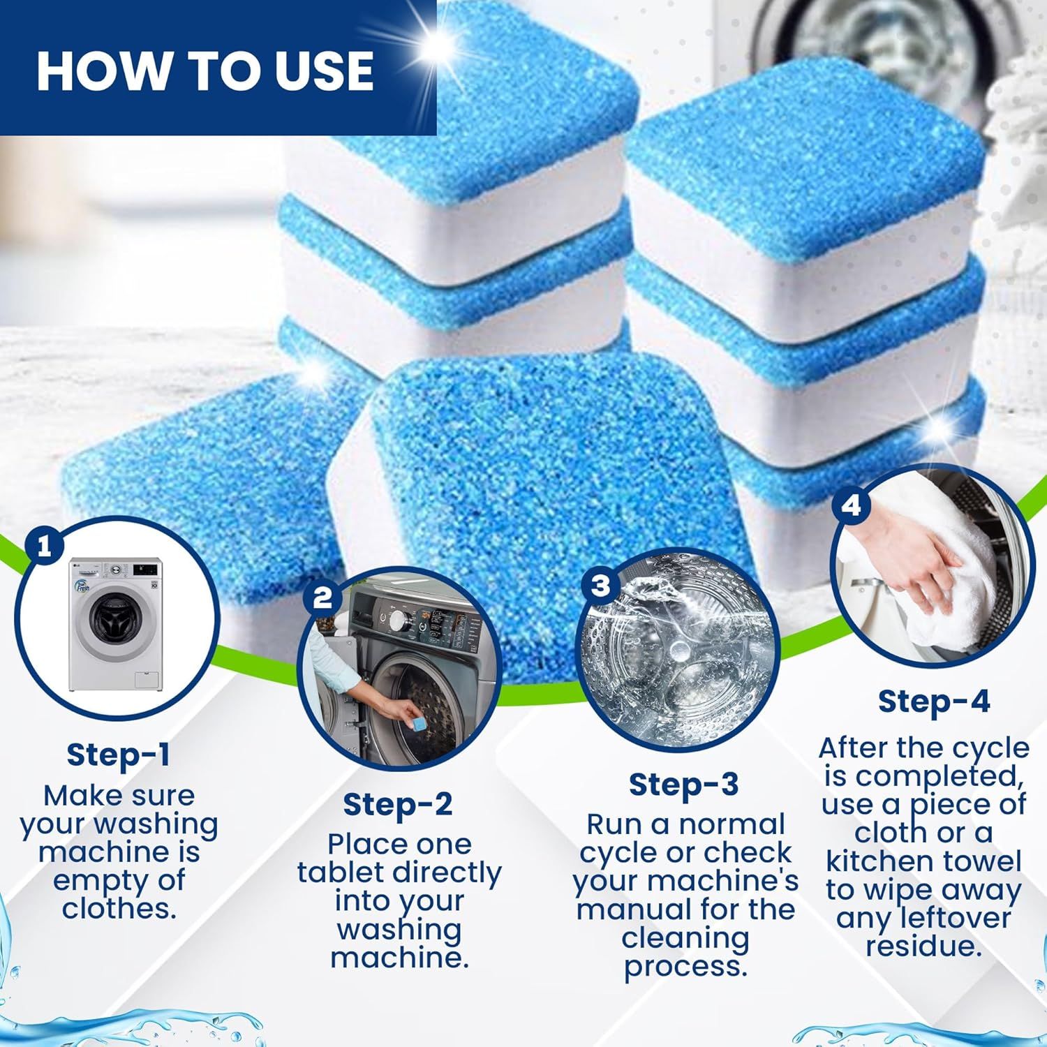 Provides step-by-step instructions on how to use washing machine cleaning tablets, reducing friction and answering common usage questions for customers.