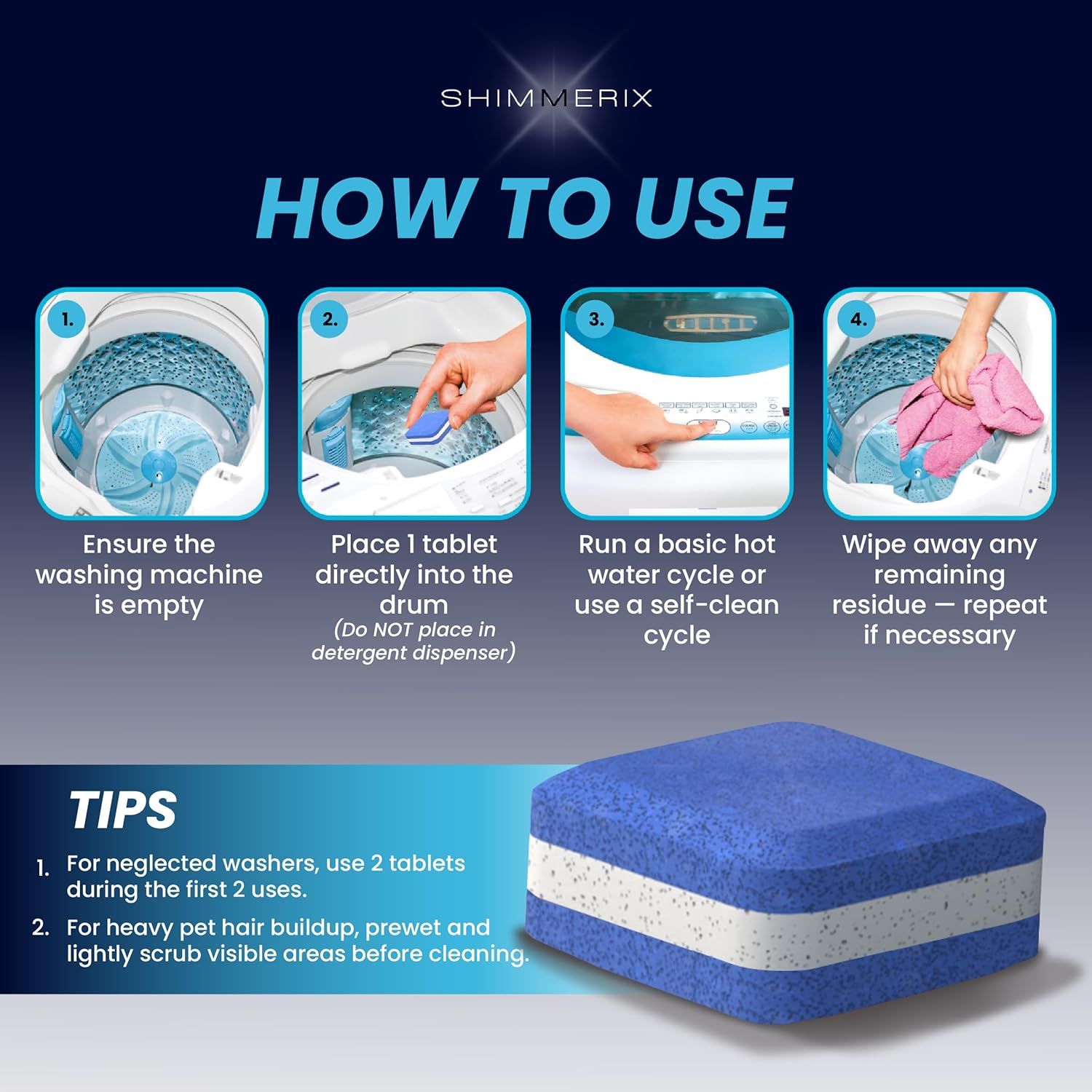 Provides clear instructional steps showing customers exactly how to use the washing machine cleaning tablets, reducing confusion and ensuring proper application.