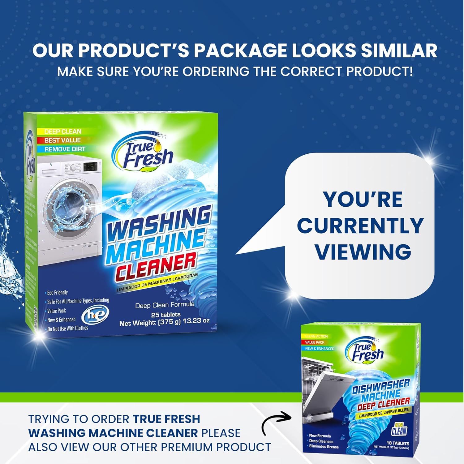 Alerts shoppers that similar-looking products exist and helps them confirm they are ordering the correct washing machine cleaner variant instead of the dishwasher cleaner.