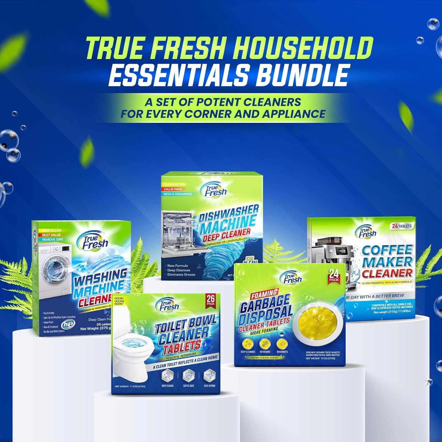 Shows all the cleaning products included in the bundle to communicate the variety and value of the household essentials package.