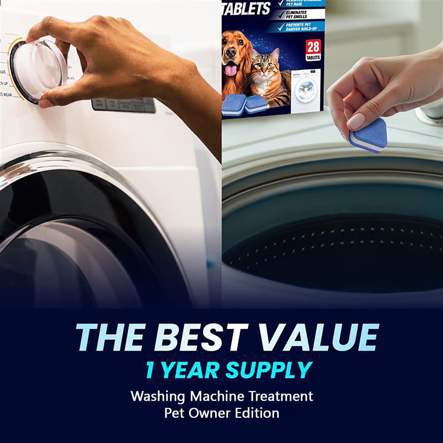 Demonstrates how to use the washing machine treatment tablets by showing the step-by-step process of adding the tablet to the washing machine. Communicates the quantity and value proposition by…