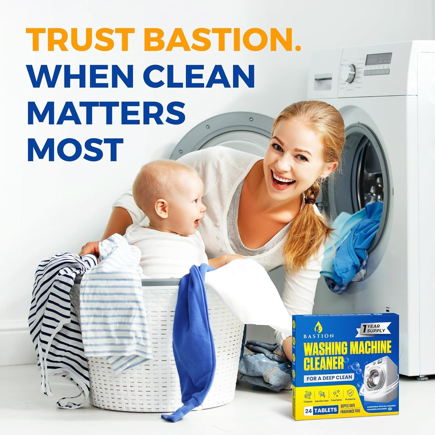 Reinforces brand identity and trust by associating the Bastion product with family safety and cleanliness, creating an emotional connection with parents.