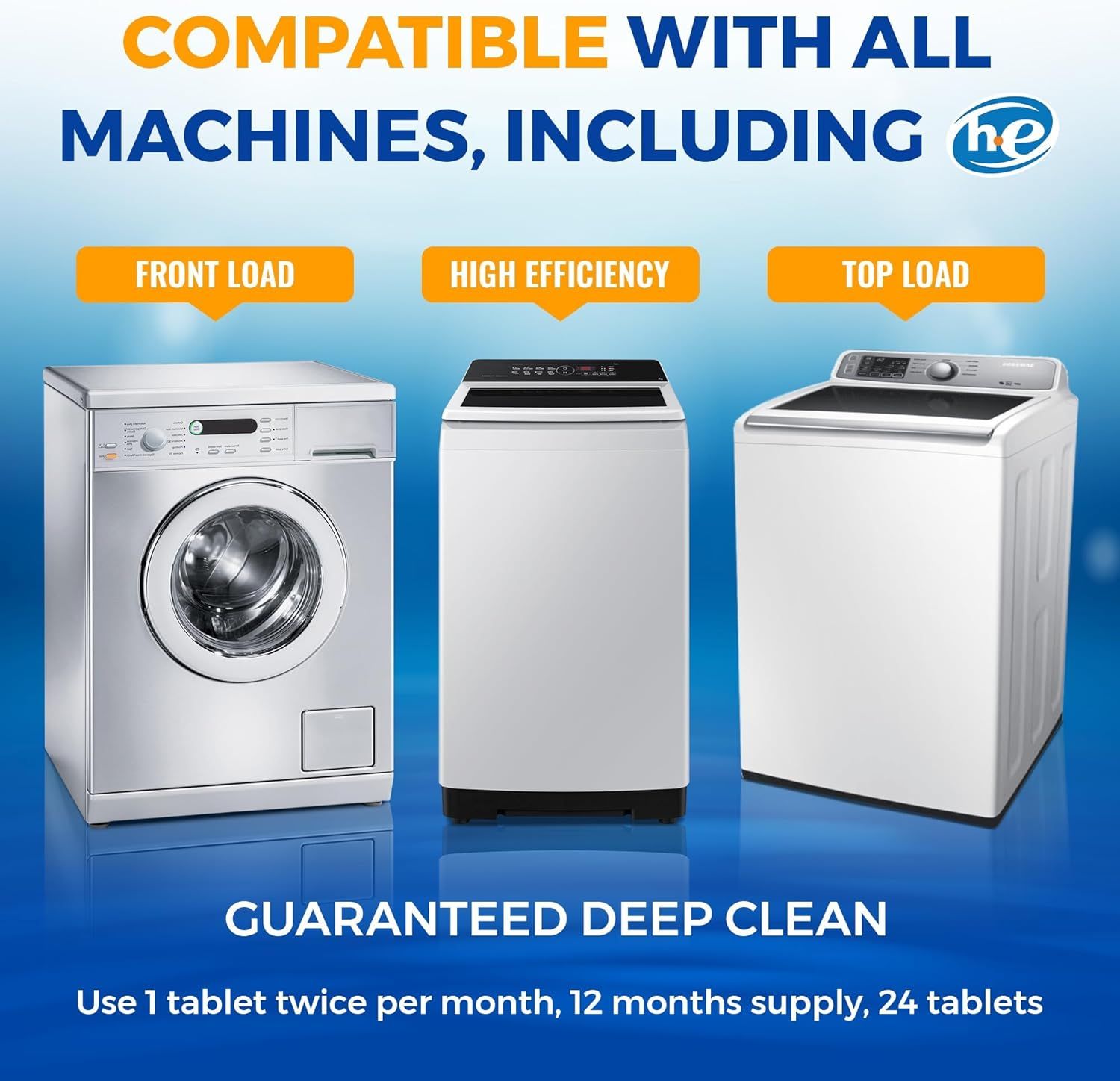 Communicates that the product works with all types of washing machines including front load, high efficiency, and top load models to reassure shoppers of broad compatibility. Highlights the…
