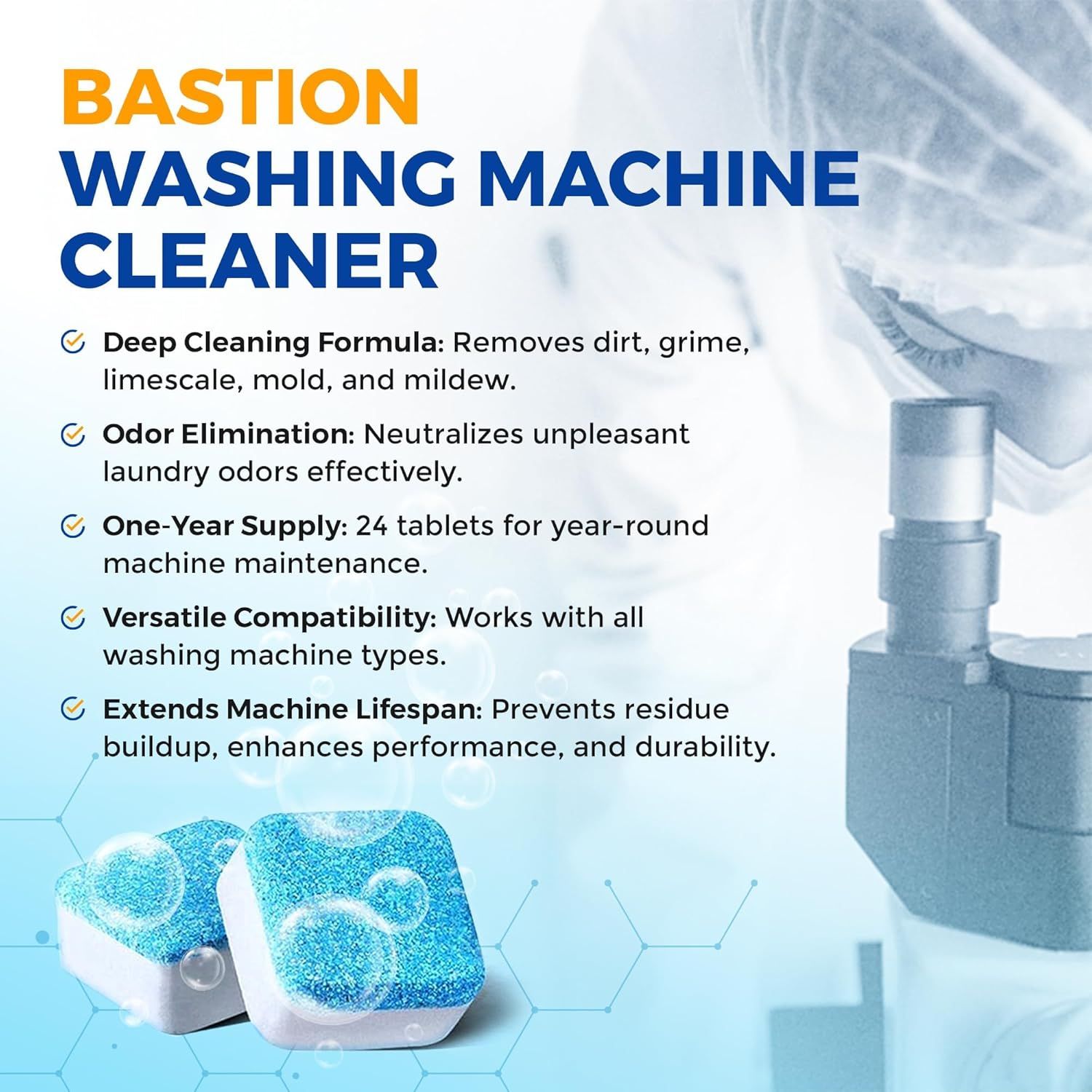 Showcases five key benefits of the washing machine cleaner to demonstrate its comprehensive value including cleaning power, odor control, supply duration, compatibility, and machine longevity.