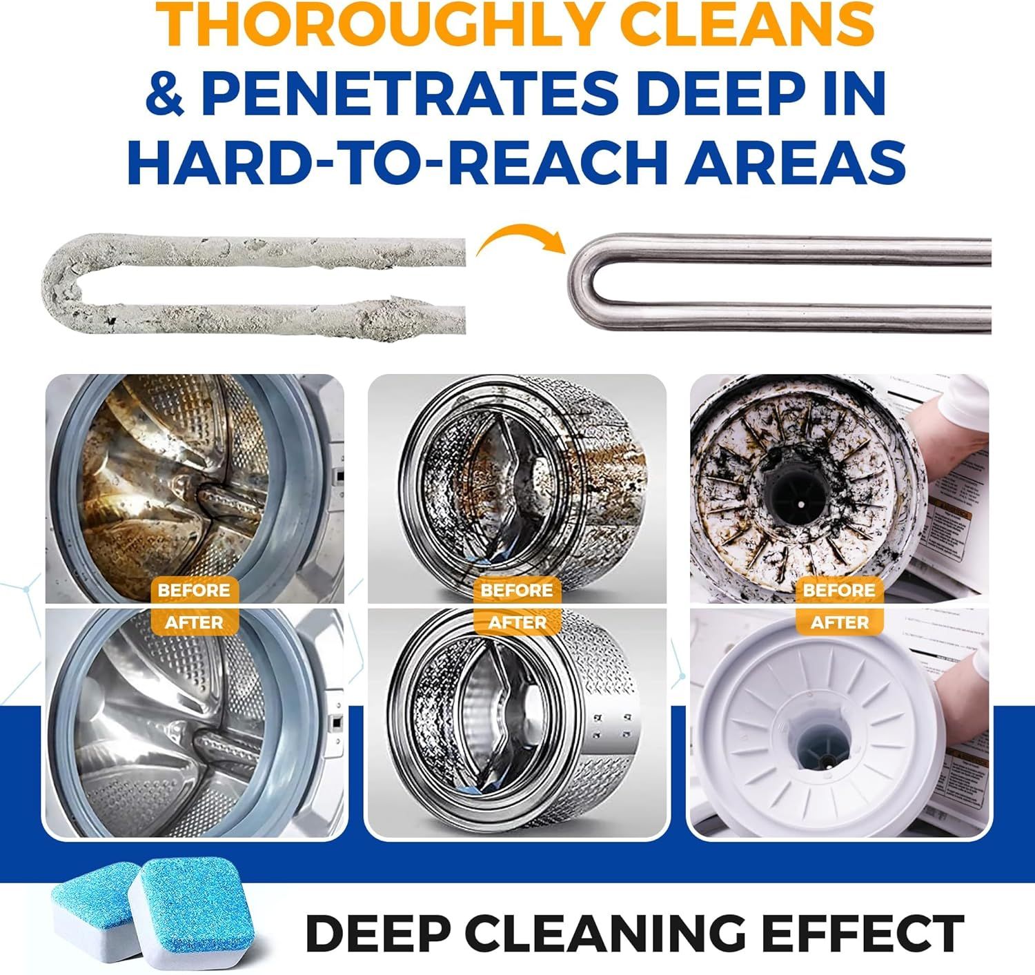 Demonstrates the cleaning effectiveness of the product by showing dramatic before and after transformations of washing machine components, proving it removes buildup and grime from hard-to-reach…