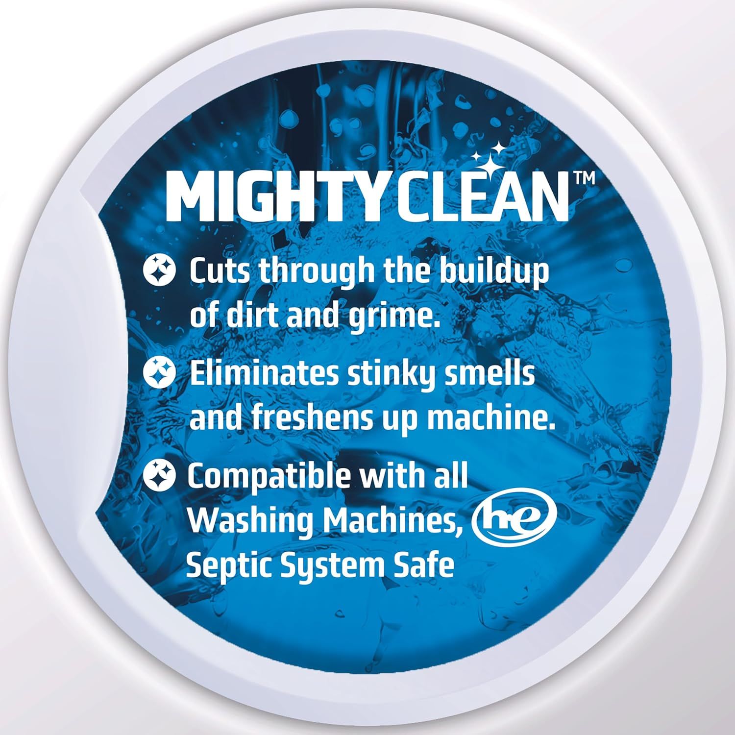 Communicates multiple key benefits of the MIGHTY CLEAN product including cleaning power, odor elimination, and broad compatibility to reassure shoppers of its effectiveness and versatility.