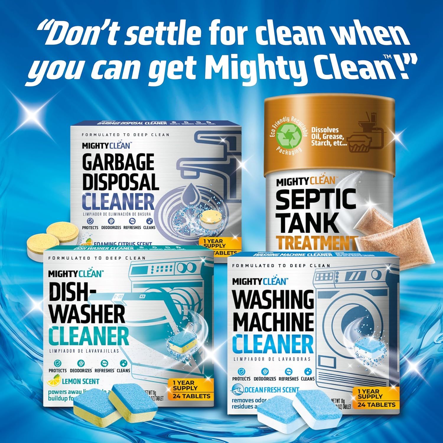 Demonstrates the versatility of the MightyClean brand by showing four different cleaning products for various household applications, selling the brand's range and multi-purpose cleaning solutions.