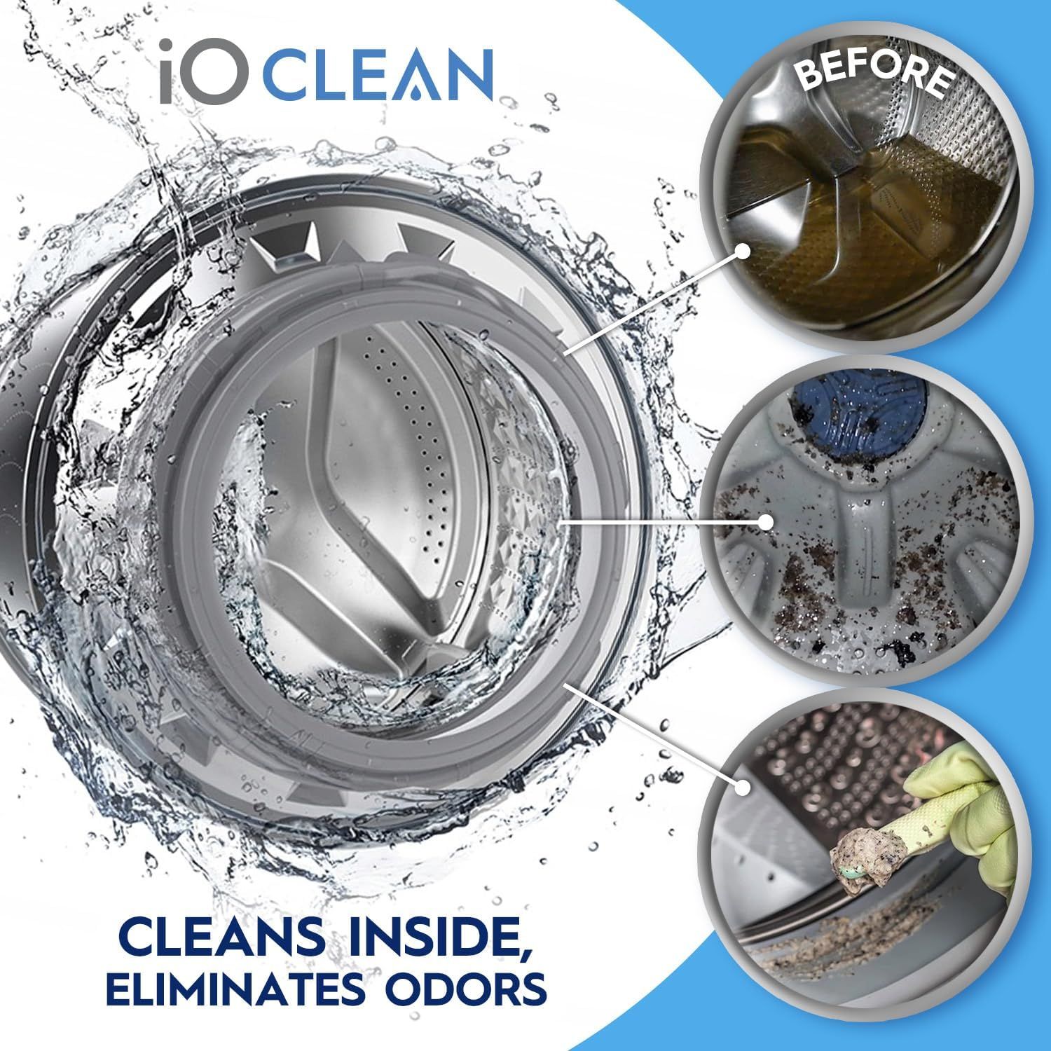 Demonstrates the transformation from a dirty, odor-filled washing machine drum to a clean, fresh state using the iO CLEAN product.