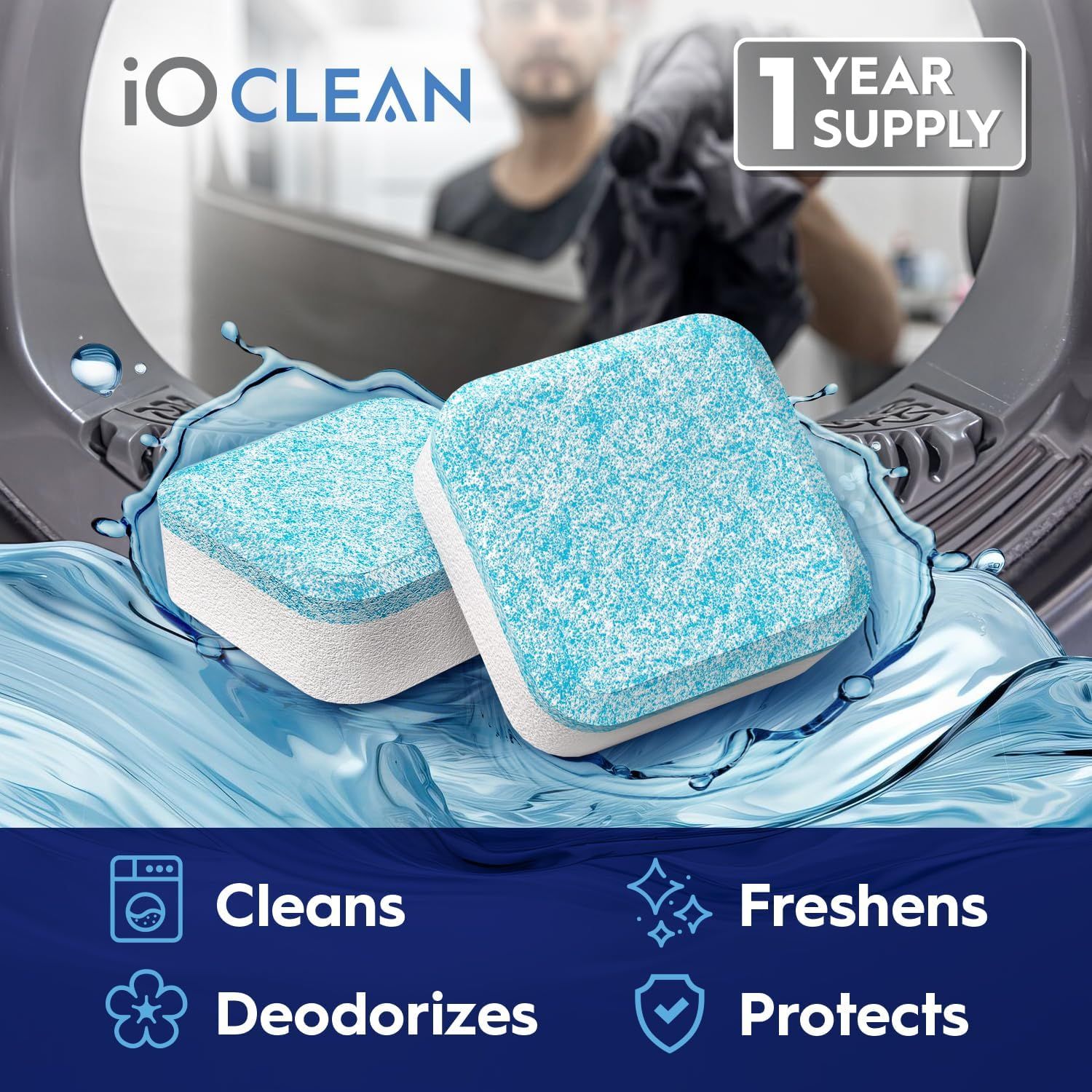 Communicates the four key benefits of the washing machine cleaning tablets to reassure shoppers of comprehensive cleaning performance and value.