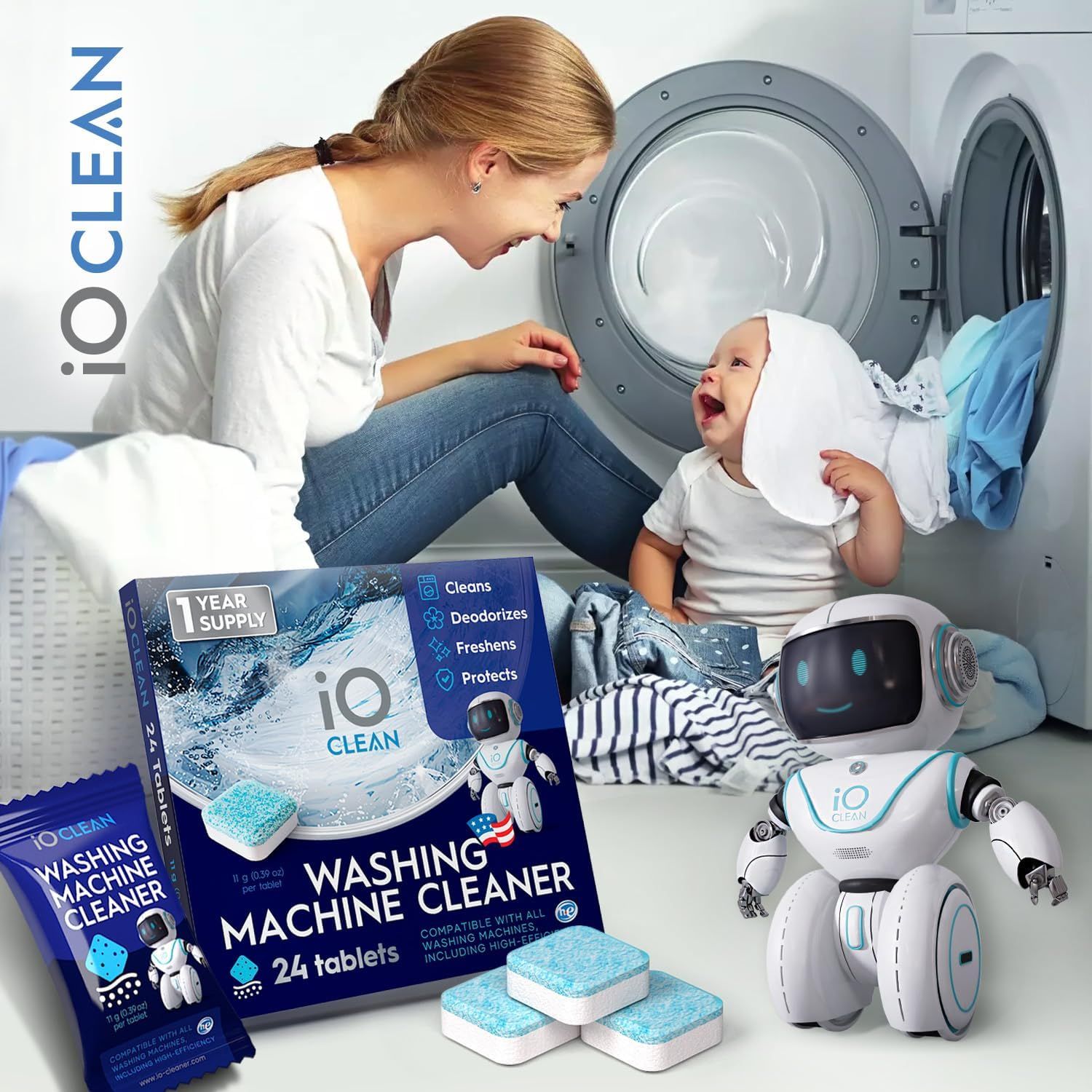 Showcases the four key benefits of the washing machine cleaner tablets to reassure shoppers that the product delivers comprehensive cleaning and maintenance for their washing machine.