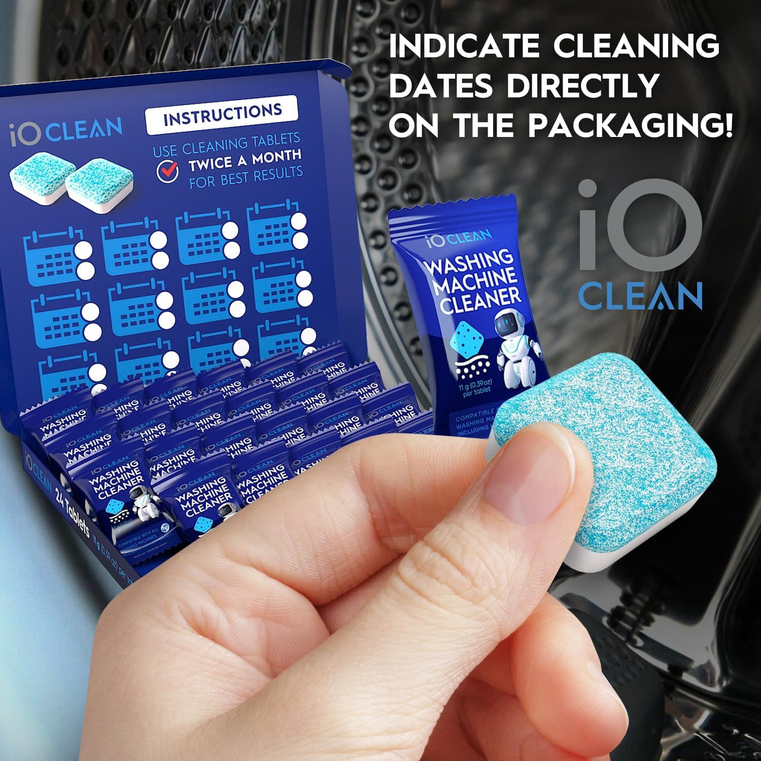 Communicates that the packaging includes a calendar system to help users track when they use cleaning tablets, ensuring they maintain a twice-a-month cleaning schedule for best results.