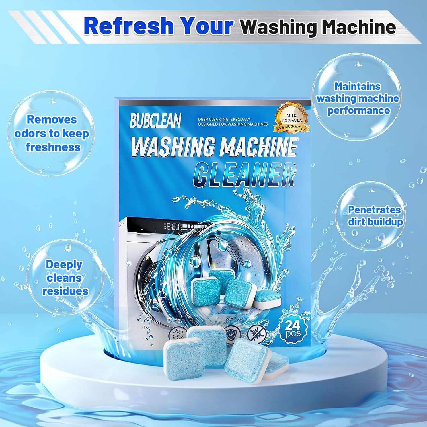Communicates multiple benefits of the washing machine cleaner product, including odor removal, deep cleaning, performance maintenance, and dirt penetration to convince shoppers of its comprehensive…