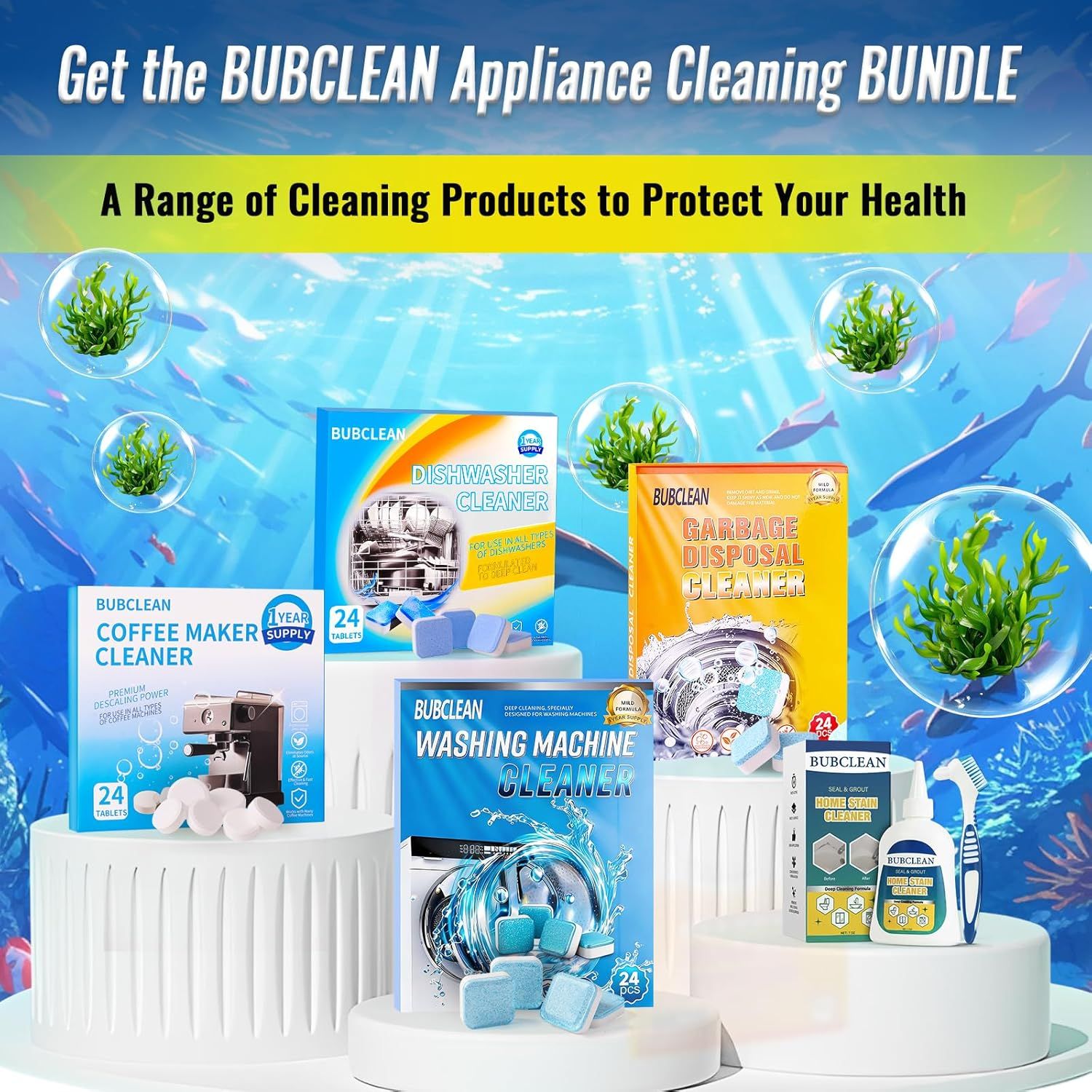 Shows all the cleaning products included in the BUBCLEAN appliance cleaning bundle to help shoppers understand the complete set they will receive.