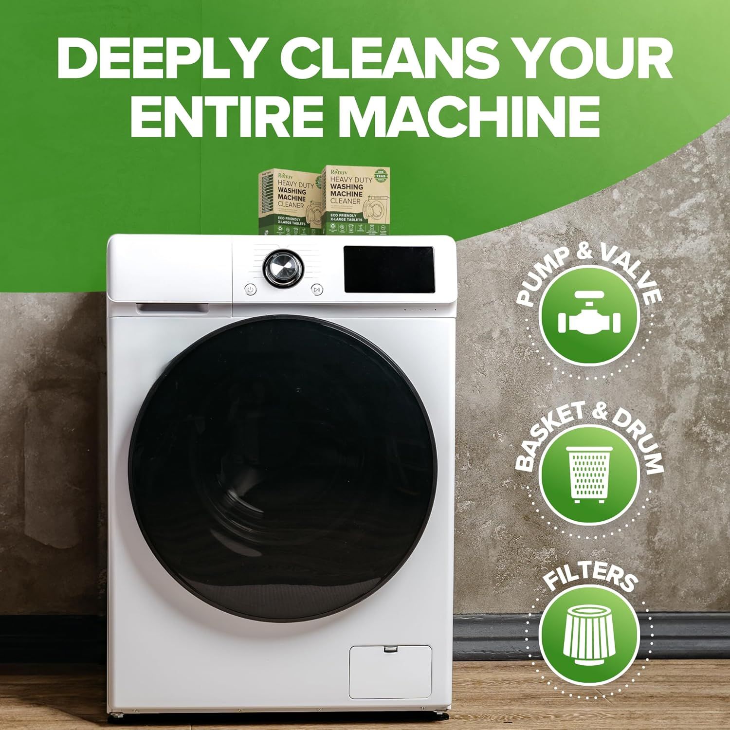 Communicates that the washing machine cleaner deeply cleans multiple parts of the machine including the pump, valve, basket, drum, and filters to maintain optimal performance.