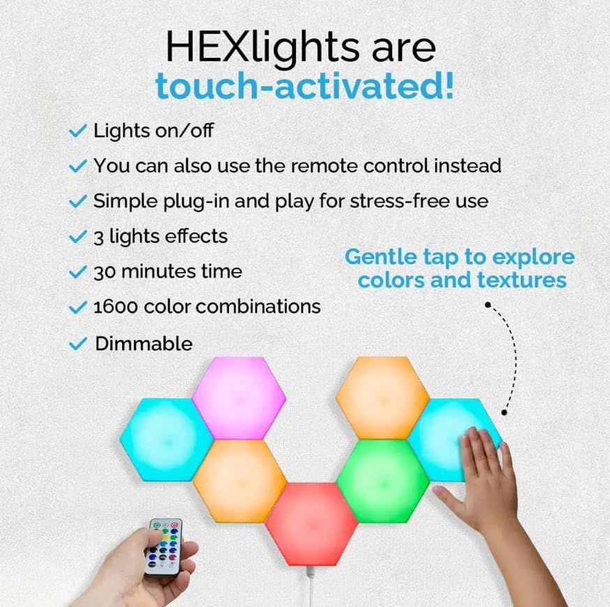 Showcases multiple features of the HEXlights product including touch activation, remote control capability, ease of setup, lighting effects, timer function, color options, and dimming capability to…