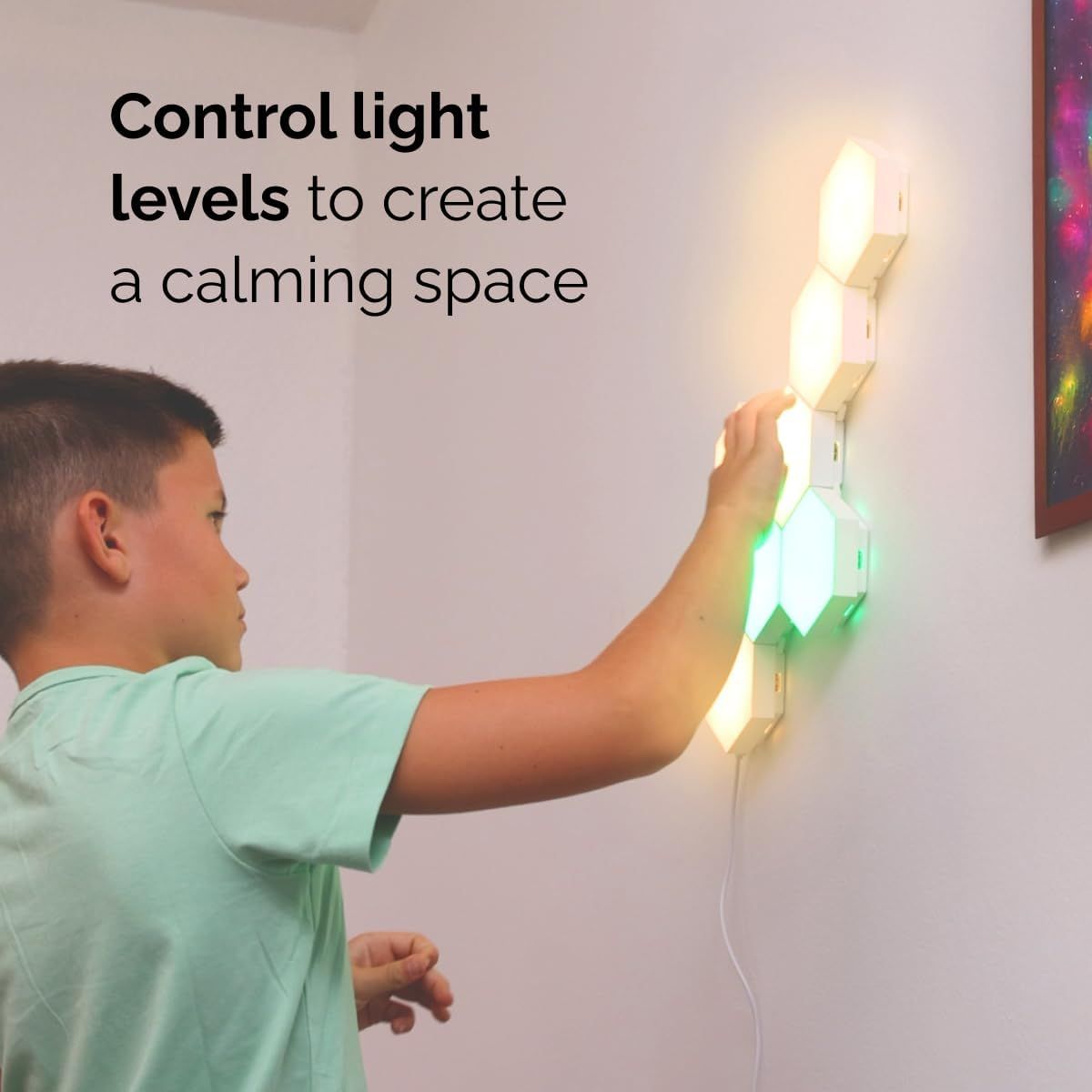 Communicates that the product allows users to control brightness levels to create a calming ambiance in their space.