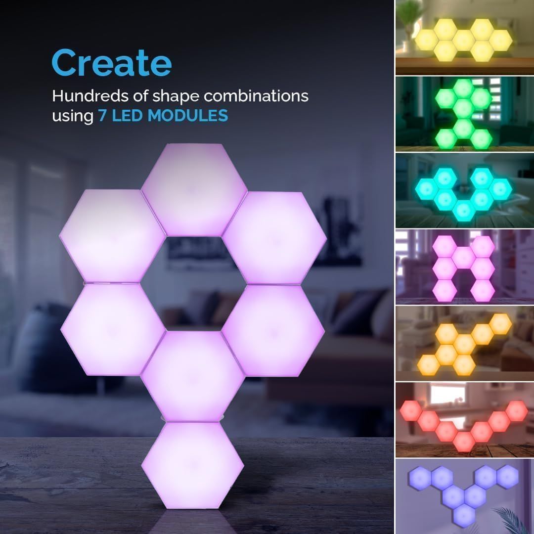 Demonstrates the versatility of the modular LED lights by showing various shape and color configurations that can be created, helping shoppers visualize different ways to use and arrange the product.
